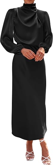 BTFBM Dresses Women Mock Neck Long Sleeve Satin Maxi Dress  Lightweight,Elastic High Waist And Cuffs,Pleated,Back Keyhole Buttons,Formal Wedding Party Cocktail Dress,Fall Outfits