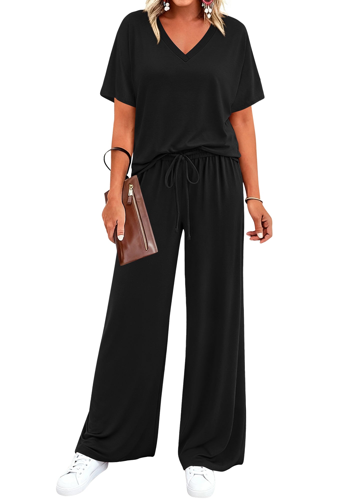 BTFBM 2 Piece Sets for Women Summer V Neck Short Sleeve Lounge Set Wide Leg Pants Matching Set Airport Travel Outfits