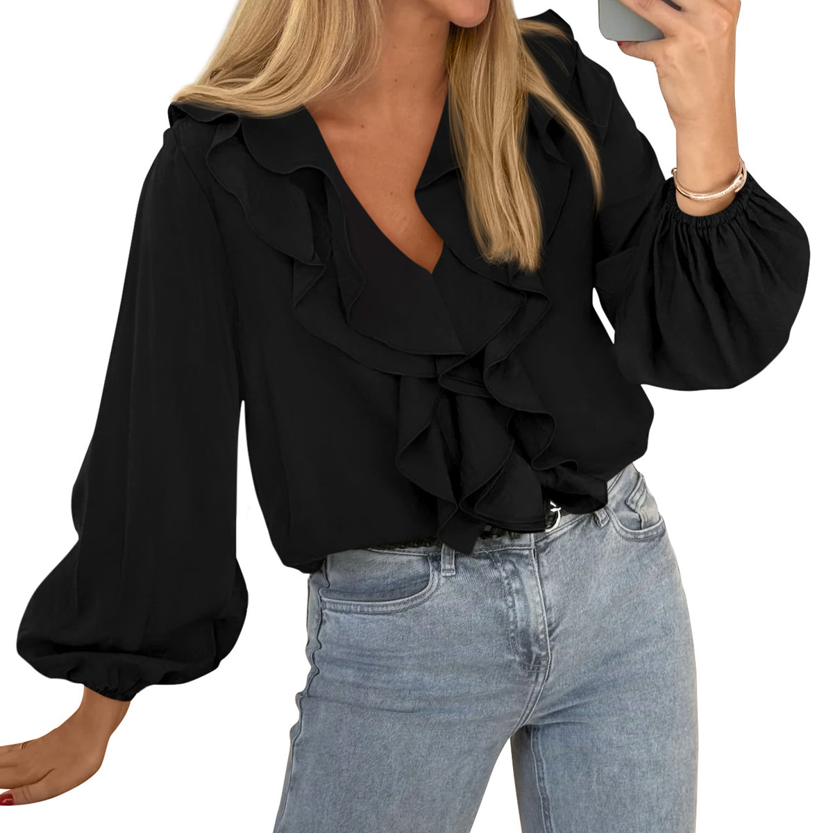 BTFBM Womens Fall Tops Ruffle Blouses Dressy Casual | Double Ruffled Collar V Neck Long Sleeve Shirts, Lightweight Fashion Clothing 2026 Trendy, Daily Business Office Work Clothes