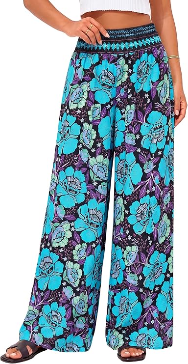 BTFBM Floral Wide Leg Pants Woman Spring Summer 2026 Smocked Elastic Waist Long Pant Resort Wear Beach Vacation Outfits