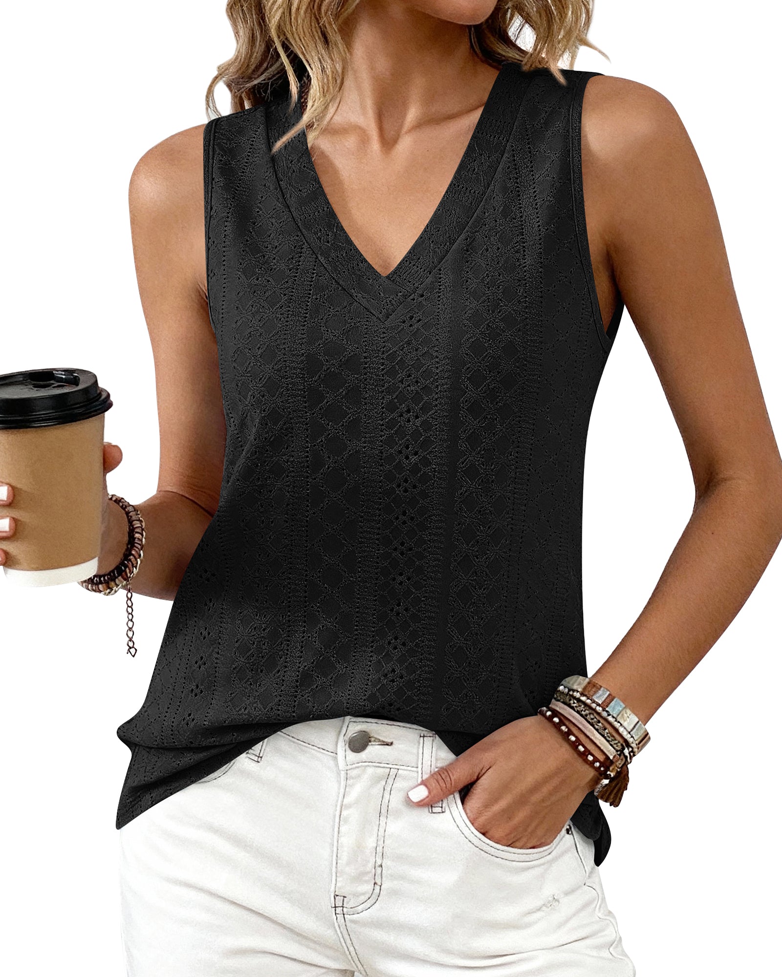 BTFBM Womens Tank Tops 2026 Summer Eyelet Crossed V Neck Sleeveless Casual Loose Fit Basic Spring Top Vacation Outfits