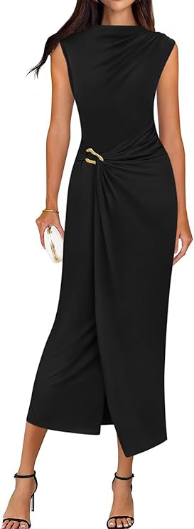 BTFBM Dresses for Women 2026 Summer Clothes Formal Bodycon Mock Neck Cap Sleeve Midi Party Cocktail Wedding Guest Dress