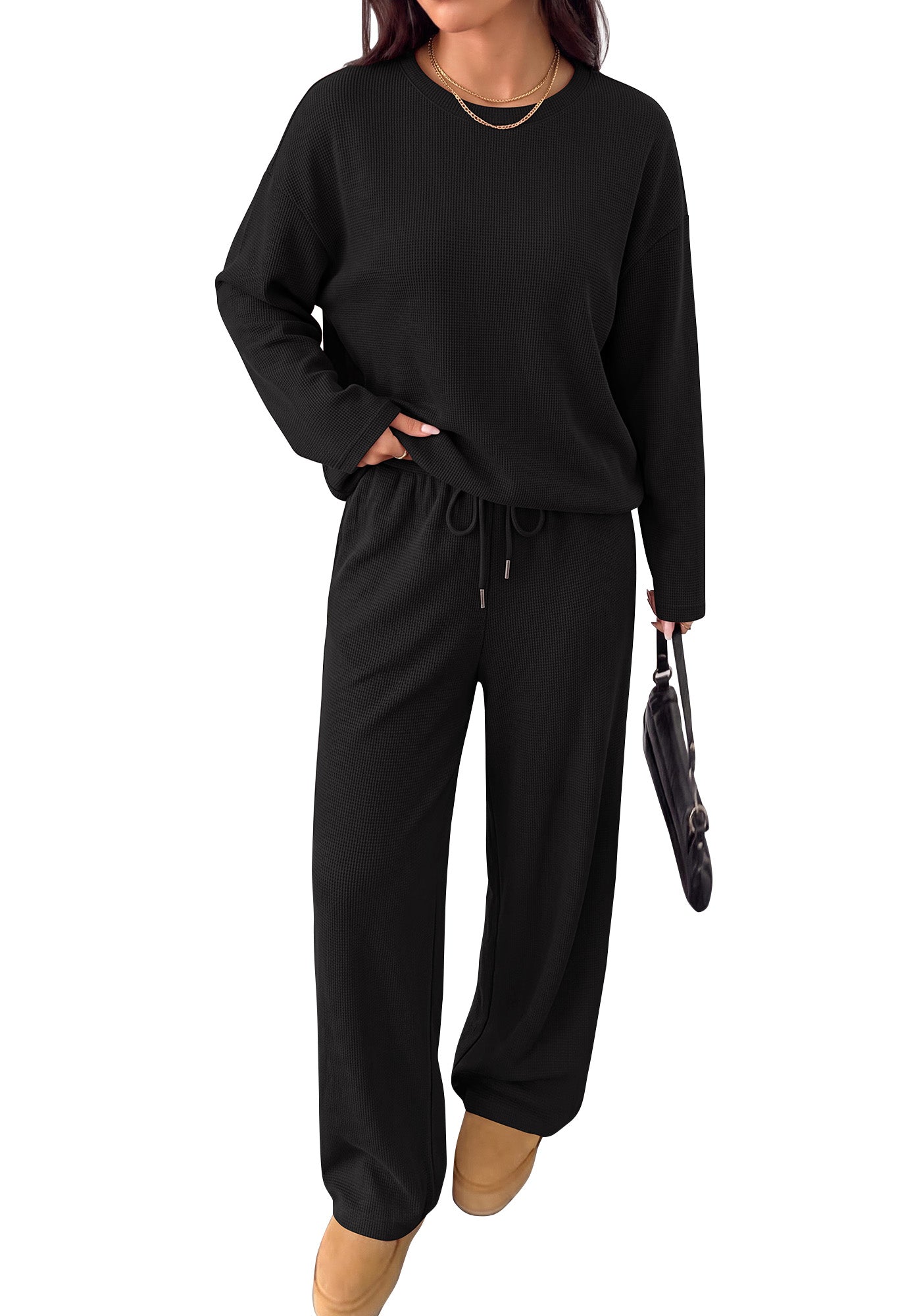 BTFBM 2 Piece Set Lounge Sets Fall Outfits For Women 2026  Casual,Long Sleeve,Solid,Drawstring,Wide Leg,Waffle Knit,Loose Fit,Tracksuit,Airport Outfits,2 Piece Outfit,Vacation