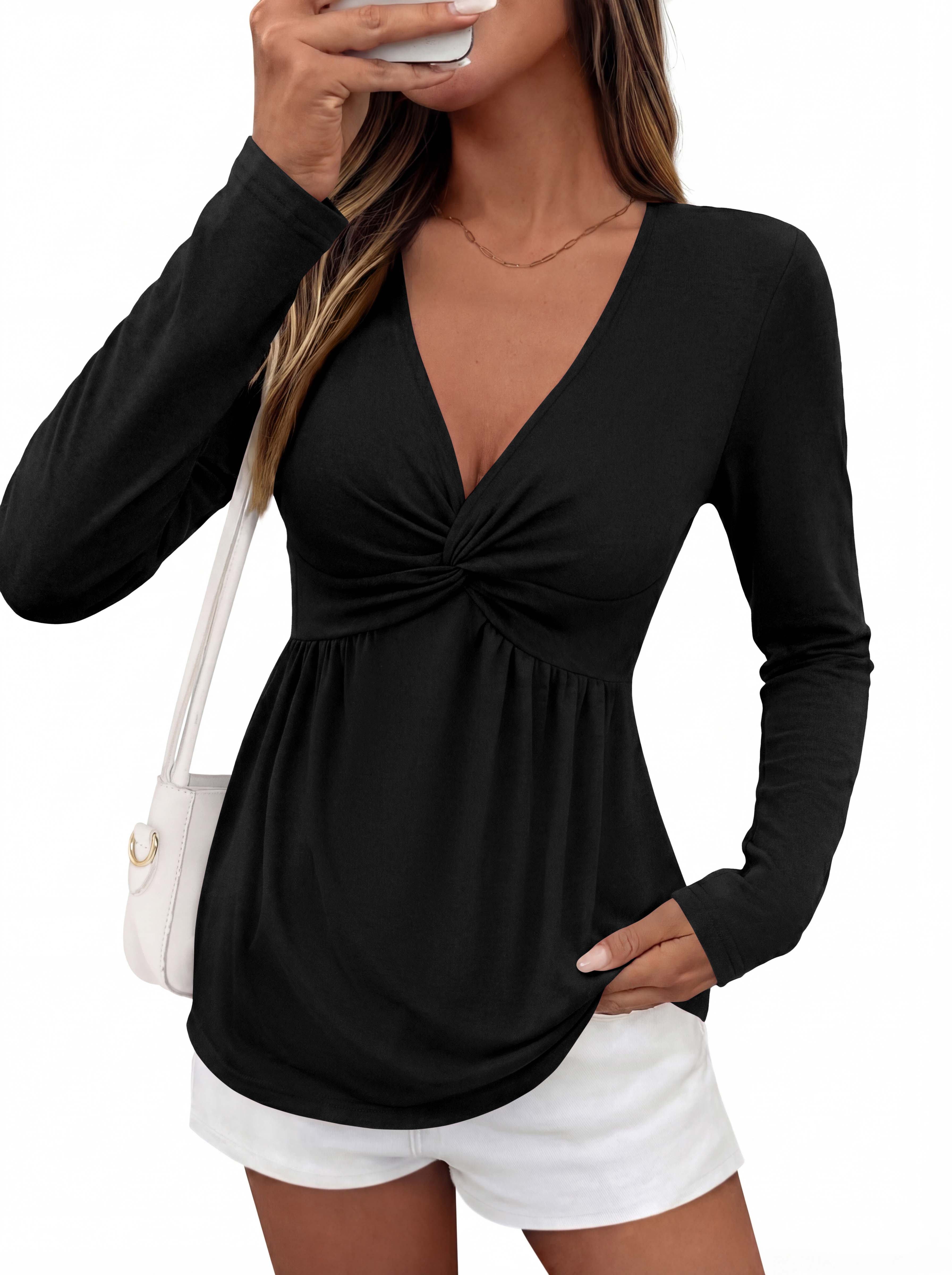 BTFBM Babydoll Tops for Women 2026 Fall Fashion Twist Front V Neck Flowy Long Sleeve Blouses Dressy Casual Peplum Tops