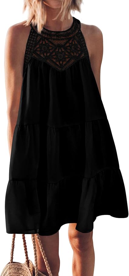 BTFBM Summer Dress for Women 2026 Spring Boho Fashion Halter Neck Sleeveless Loose A-Line Mini Beach Vacation Sundress