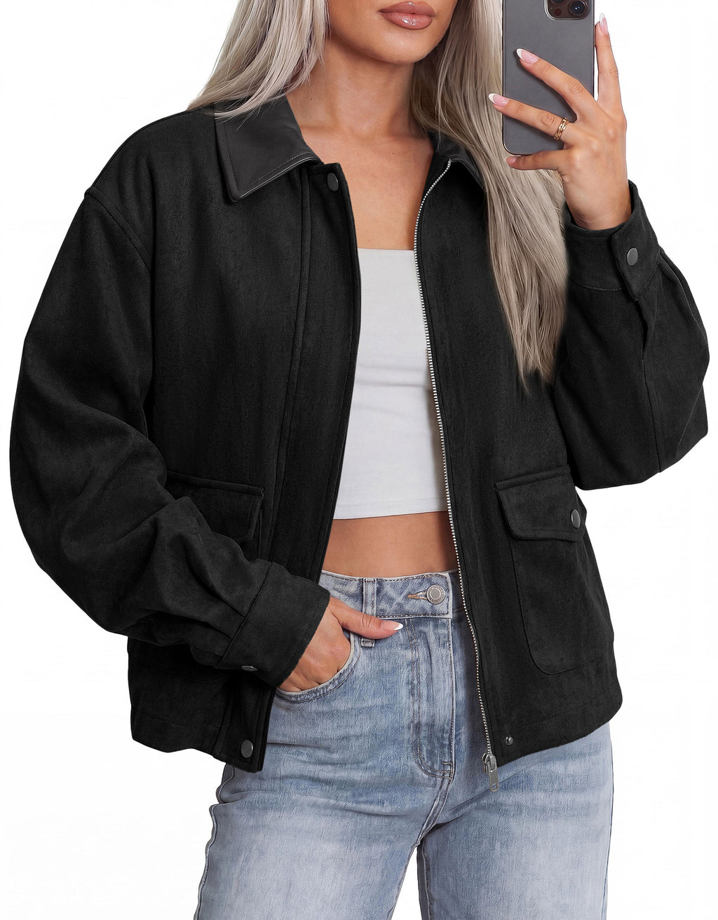 BTFBM Faux Suede Jacket Women Leather Lapel Zip Up Fall Outfits 2026