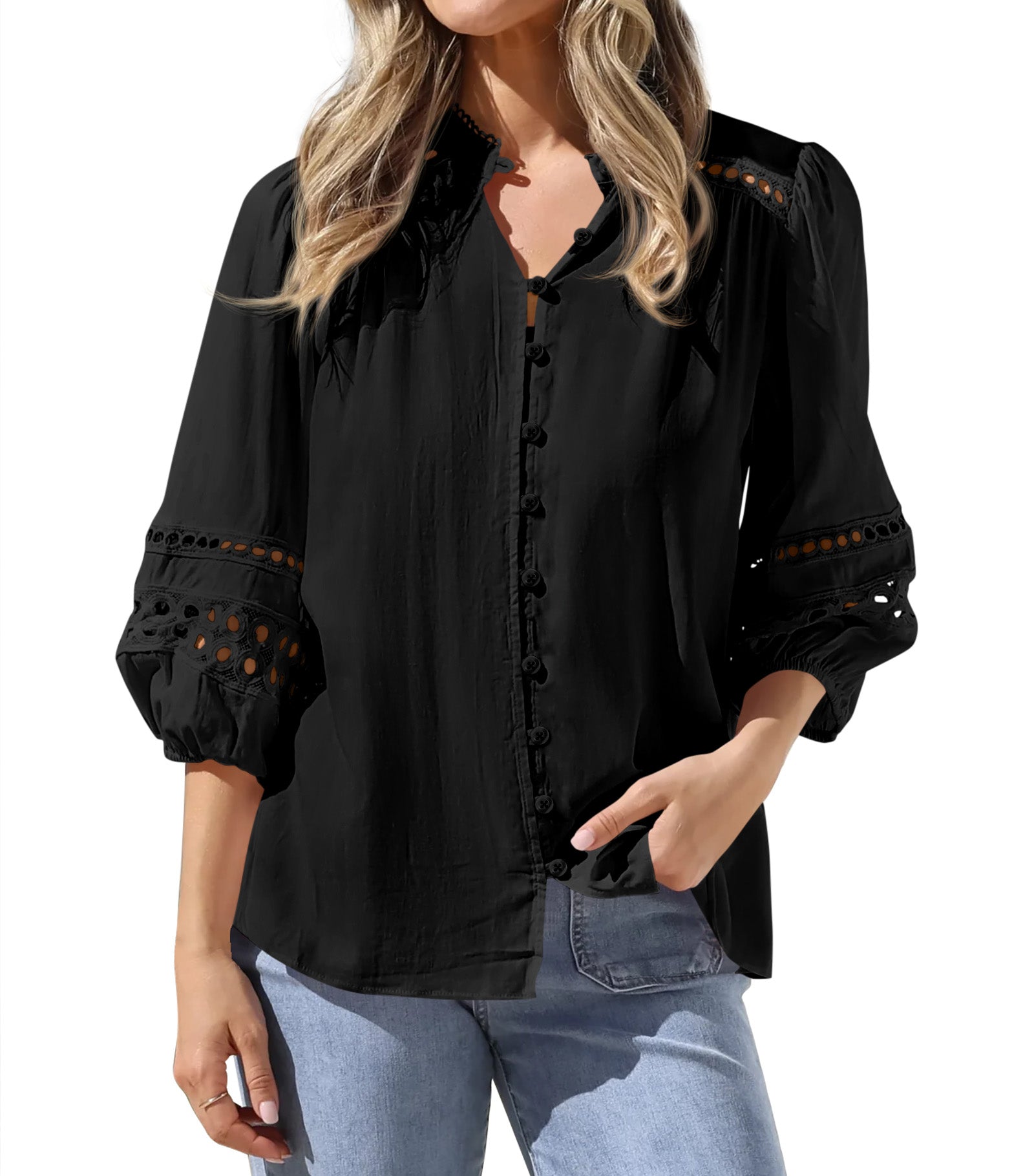 BTFBM 3/4 Length Sleeve Womens Tops Summer Blouses Eyelet Hollow Out Button Down Shirts Business Casual Outfits 2026