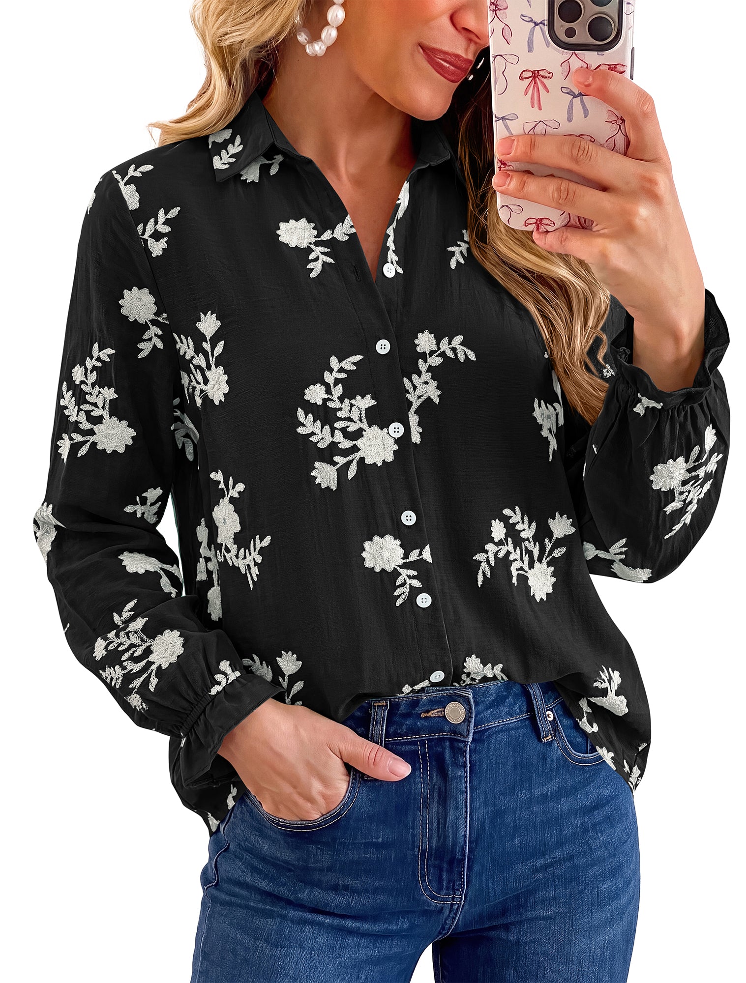 BTFBM Boho Floral Embroidered Long Sleeve Blouses for Women Dressy Casual