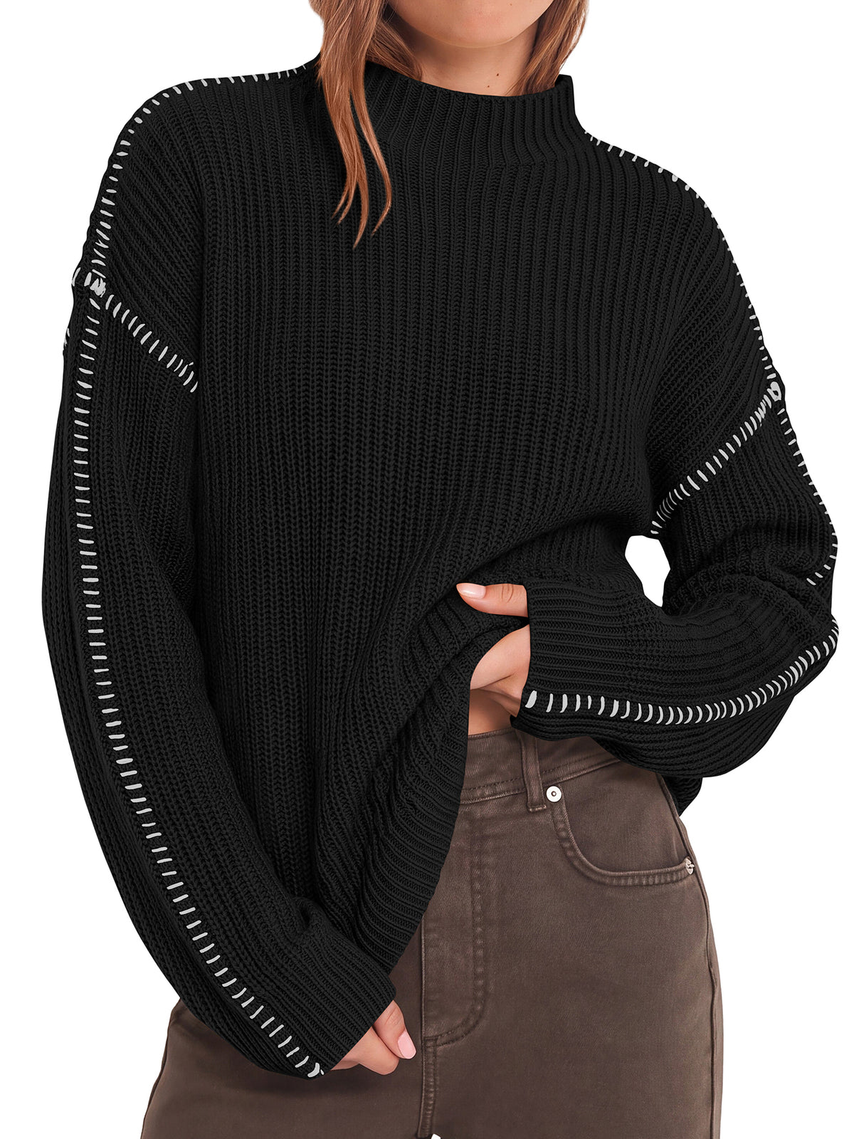 BTFBM Womens Oversized Sweaters Contrast Chunky Knit Sweater  Loose Fit Mock Neck Long Sleeve Tops, Soft Cozy Knitwear, Fall Fashion 2026, Casual Winter Clothing, Daily Going Out Outfits