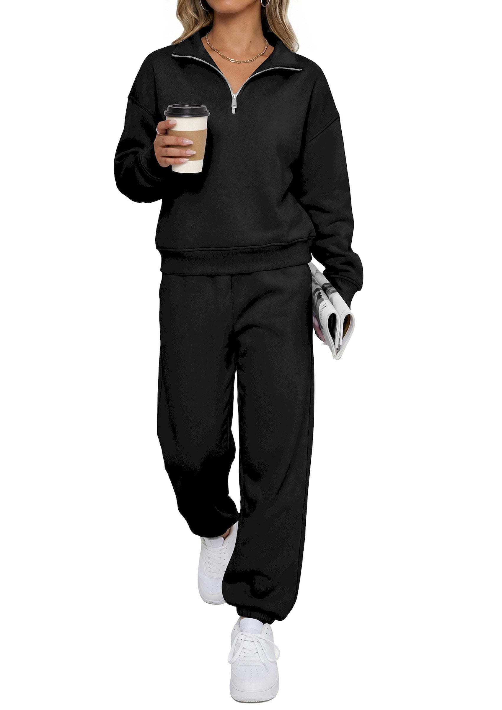 BTFBM Womens 2 Piece Outfits Sweatsuit Fleece Lounge Sets  | Quarter Zip Pullover Sweatshirt,Baggy Jogger Sweatpants,2026 Fall Fashion Clothing,Airport Travel Matching Sweat Set