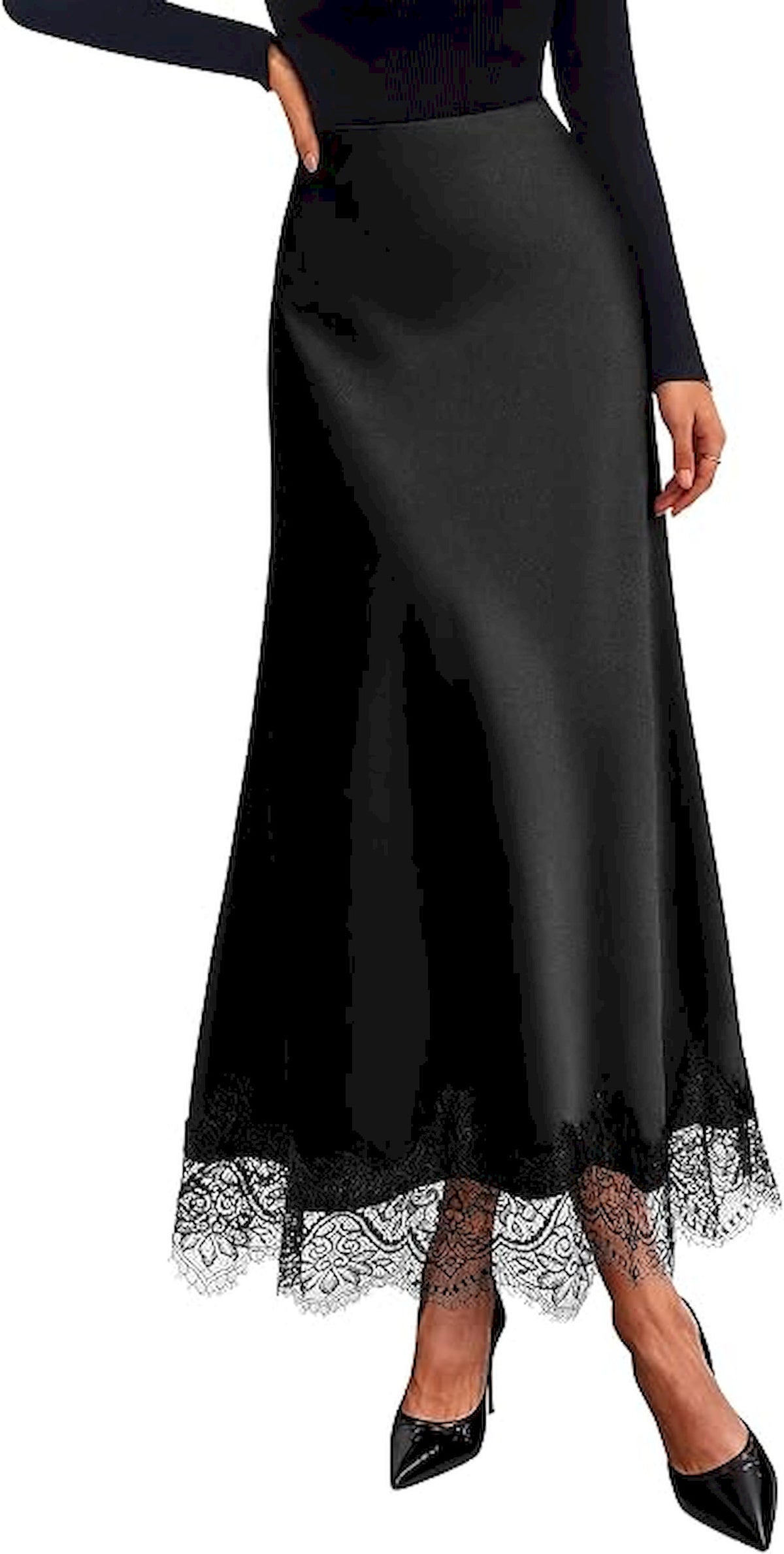 BTFBM Lace Trim Satin Skirts for Women Elegant | High Waisted,Maxi Skirt,Cocktail Party Wedding Guest,Summer Fall Outfits