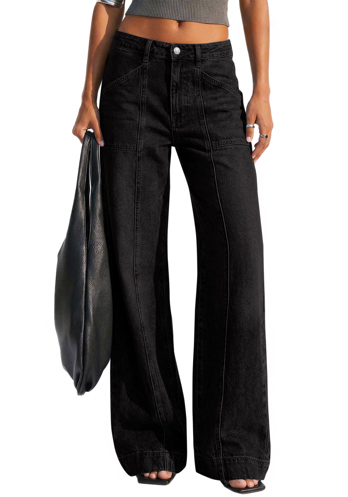 BTFBM Women's Wide Leg Jeans High Waisted Stretchy Straight Leg Baggy Jeans Trendy Front Seam Loose Denim Pants Pockets
