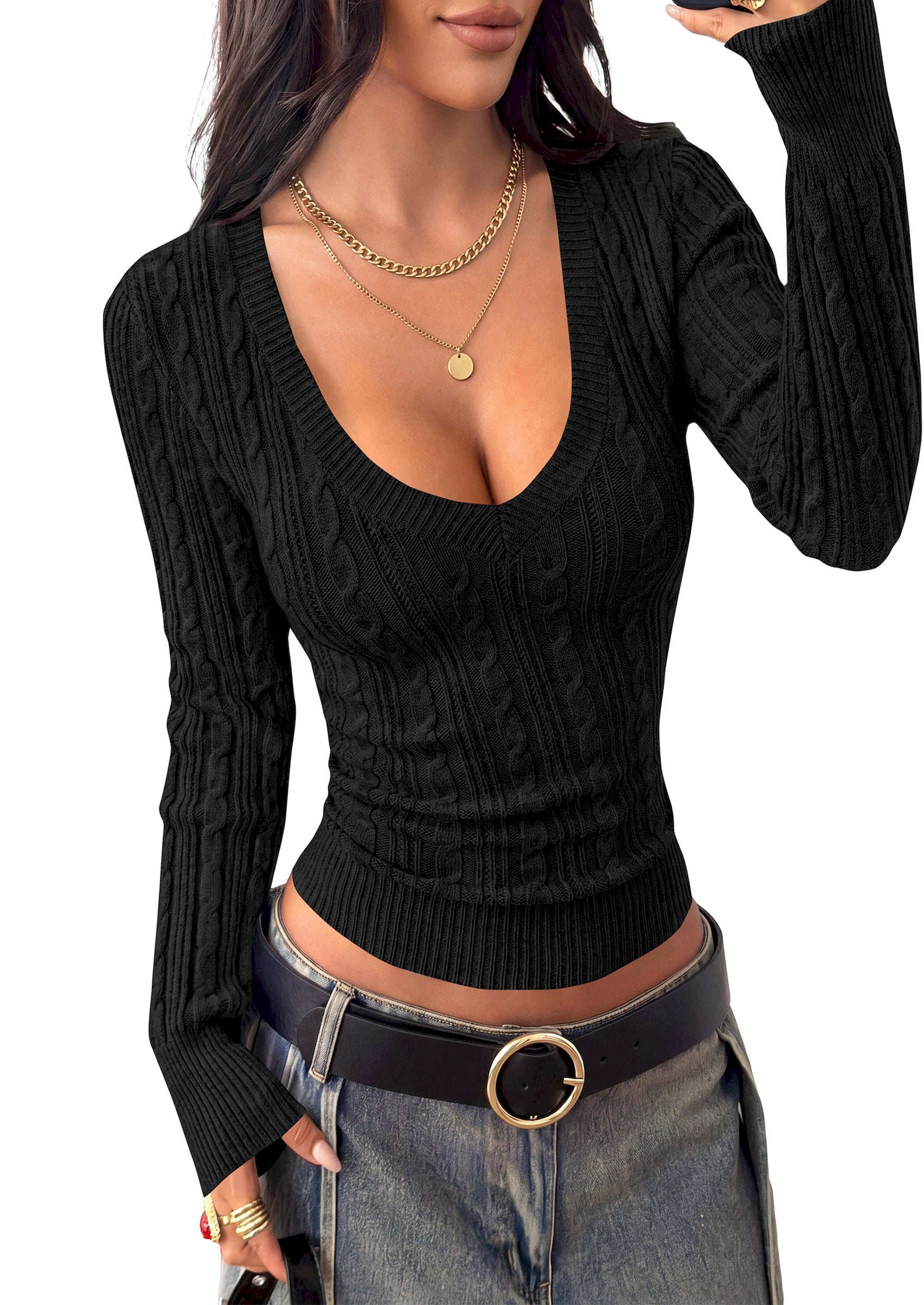 BTFBM Womens Sweaters Cable Knit V Neck Long Sleeve Tops | Lightweight Ribbed Fitted Pullover,Y2K Going Out Top,Basic Tunic Daily Wear Fall 2026,Dressy Work Business Casual Outfits