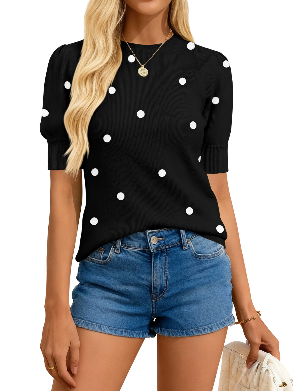 BTFBM Womens Sweaters Polka Dot Short Sleeve Sweater for Women Crew Neck Knit Summer Tops Business Dressy Casual Blouses