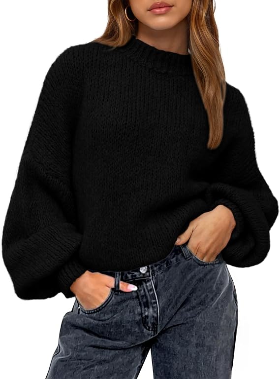 BTFBM Sweaters For Women Crew Neck Lantern Sleeve Oversized Sweater  Knit Tops, Loose Fit Pullover, Early Spring Fall Winter Womens Clothing Trendy 2026, Daily Wear, Casual Outfits