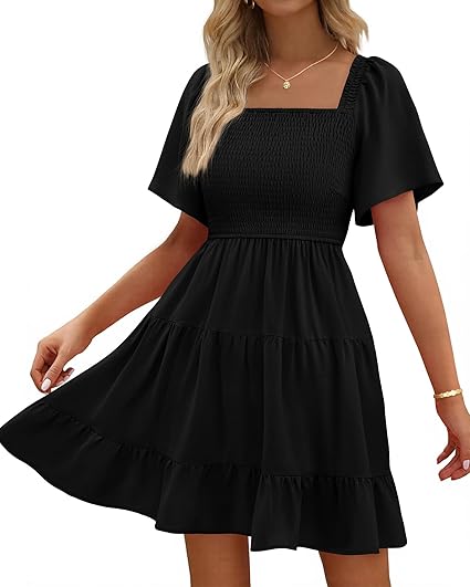 BTFBM Dresses Women Square Neck Ruffle Sleeve Smocked Short Dress  Casual Flared Short Sleeve,Two Side Pockets,A Line,High Waist,Flutter Summer Dress For Women,Swing Boho Beach Dress