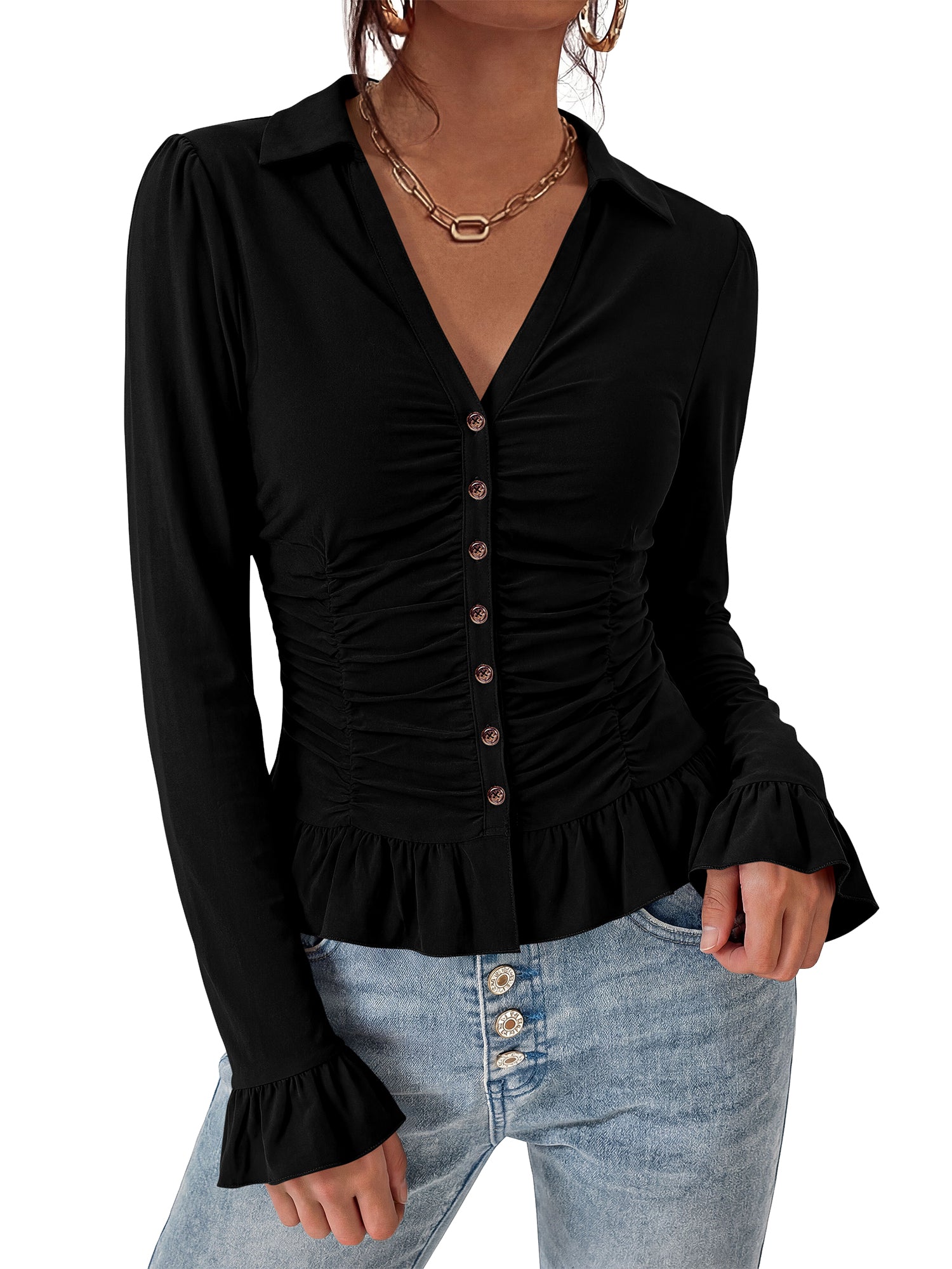 BTFBM Fitted Button Down Shirts for Women Dressy Casual Tops | Collar V Neck Long Sleeve Ruched Tops, Stretchy Ruffle Blouses, Fall Fashion Clothing 2026, Work Date Night Going Out Outfits