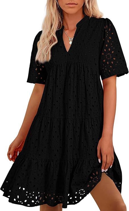 BTFBM Womens Boho Summer Dresses 2026 Spring V Neck Short Sleeve Hollow Out Lace Ruffle Casual Beach Mini Vacation Dress