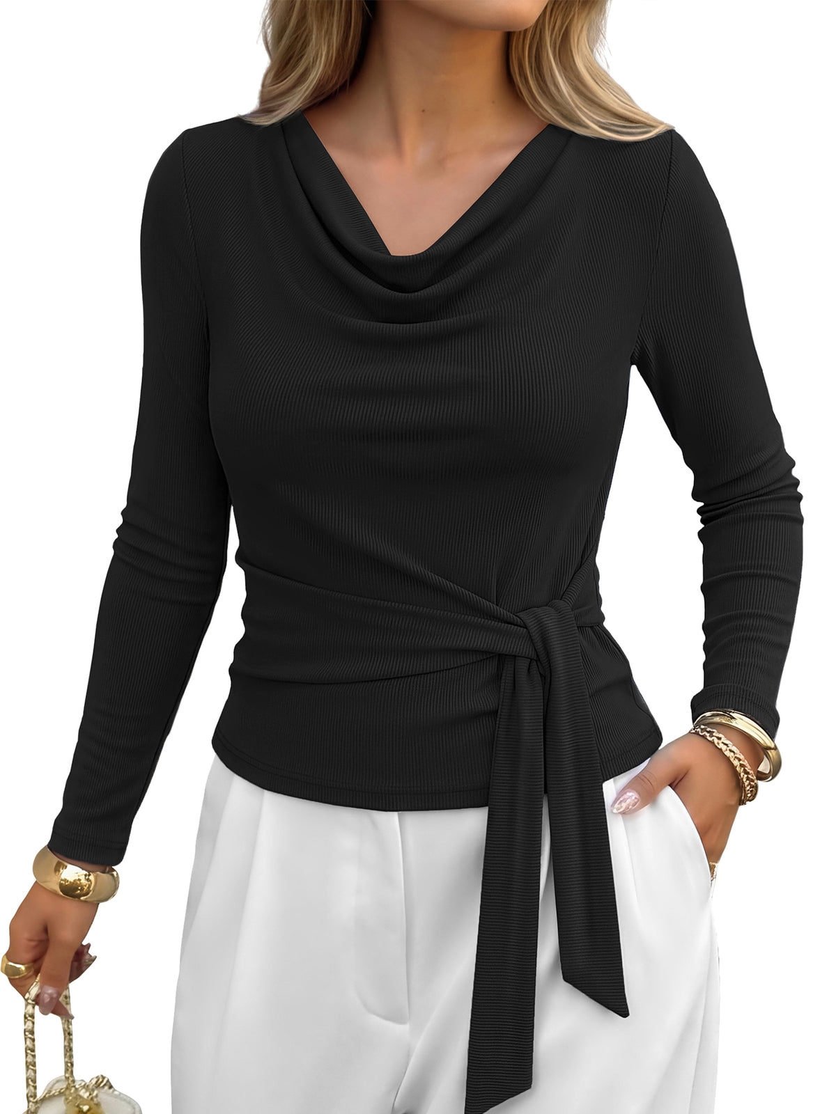 BTFBM Fall Tops for Women Tie Waist Wrap Blouses Business Casual Outfits
