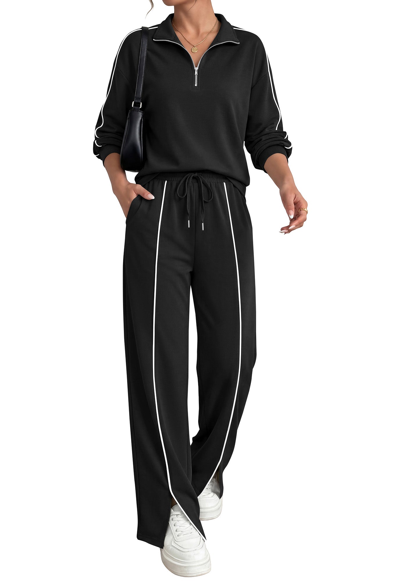 BTFBM Two Piece Sets for Women Fall Fashion 2026 Long Sleeve Half Zip Lounge Set Wide Leg Pants Vacation Airport Outfits