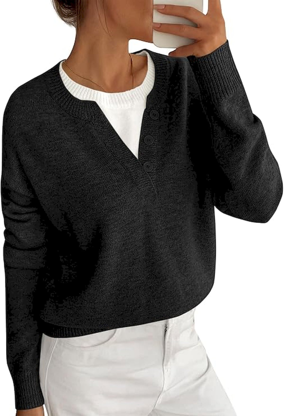 BTFBM Women Long Sleeve Crew Neck Sweaters  Tops, 2 in1 Knitted Pullover, Deco Buttons, Oversized, Stretchy, Vacation, Business Casual Outfits, Fall Winter Trendy 2026