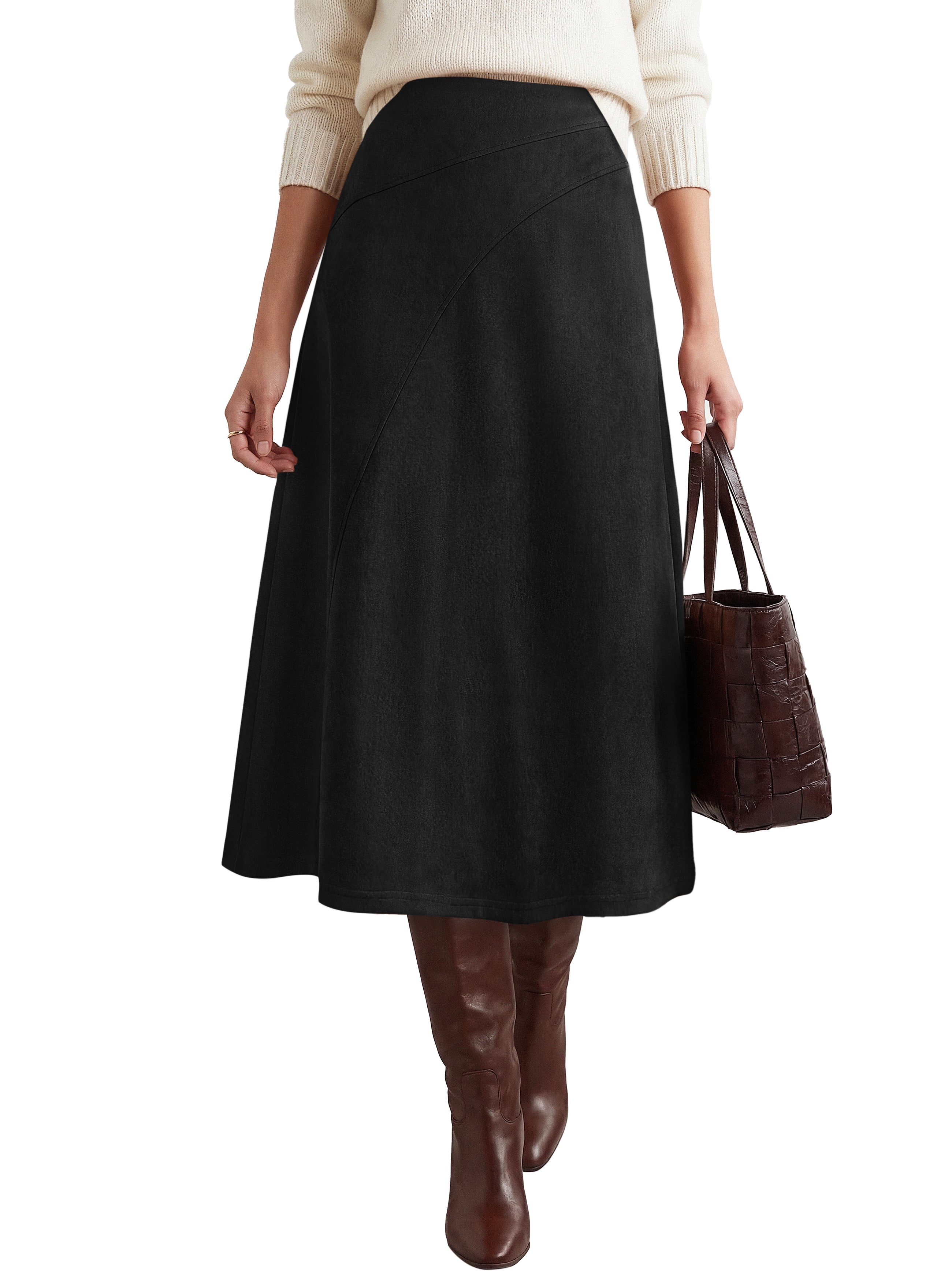 BTFBM Women Faux Suede Midi Long Skirt Fall Fashion 2026 | High Waisted Skirts For Women Trendy, Lightweight, Back Elastic, Arc Line Design, A-Line, Winter Dress, Boho Western Outfits