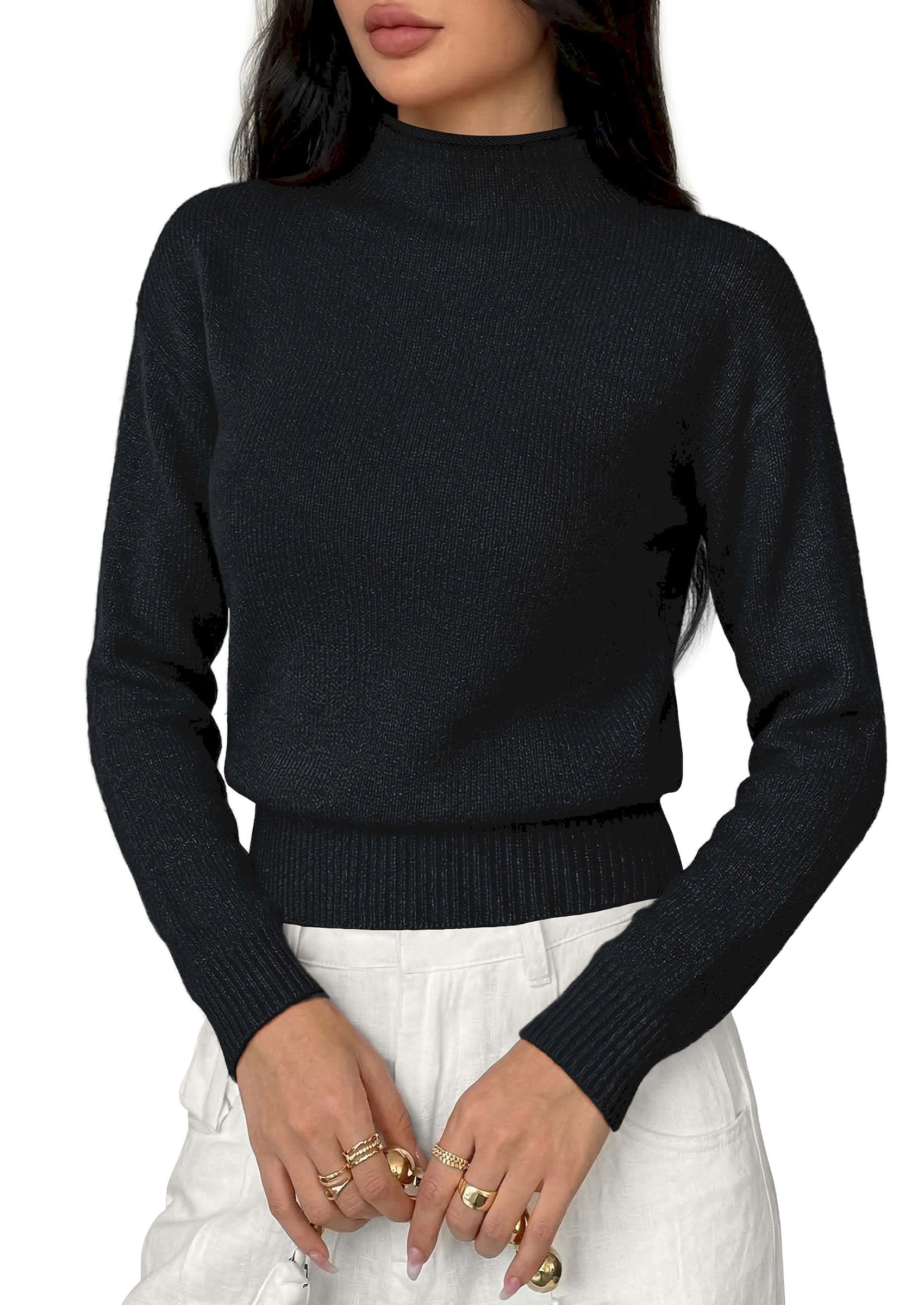 BTFBM Women’s Long Sleeve Sweaters Mock Neck Business Casual Lightweight Sweater Tops 2026 Fall Fashion Clothing