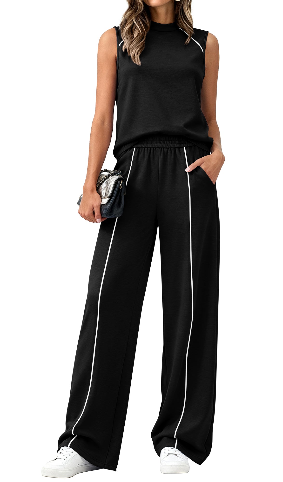 BTFBM Two Piece Sets for Women Summer Outfits 2026 Lounge Sets Mock Neck Tops Wide Leg Pants Travel Fashion Clothing