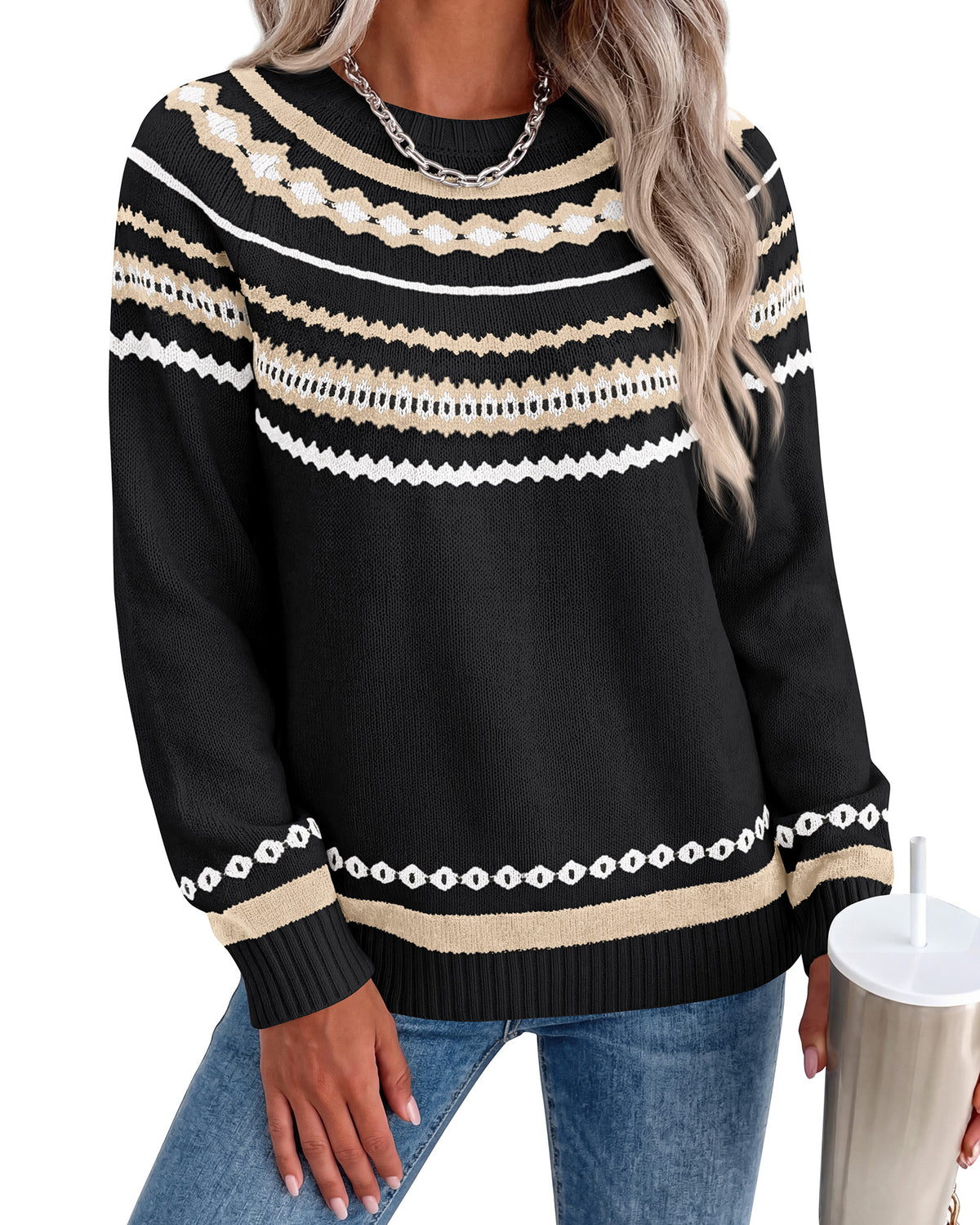 BTFBM Womens Sweaters Fall 2026 Casual Long Sleeve Sweater | Fair Isle,Stretchy,Lightweight, Crew Neck, Ribbed Hem,Long Sleeve Knit Pullover, Chunky Sweaters, Loose Tops, Fashion Clothes