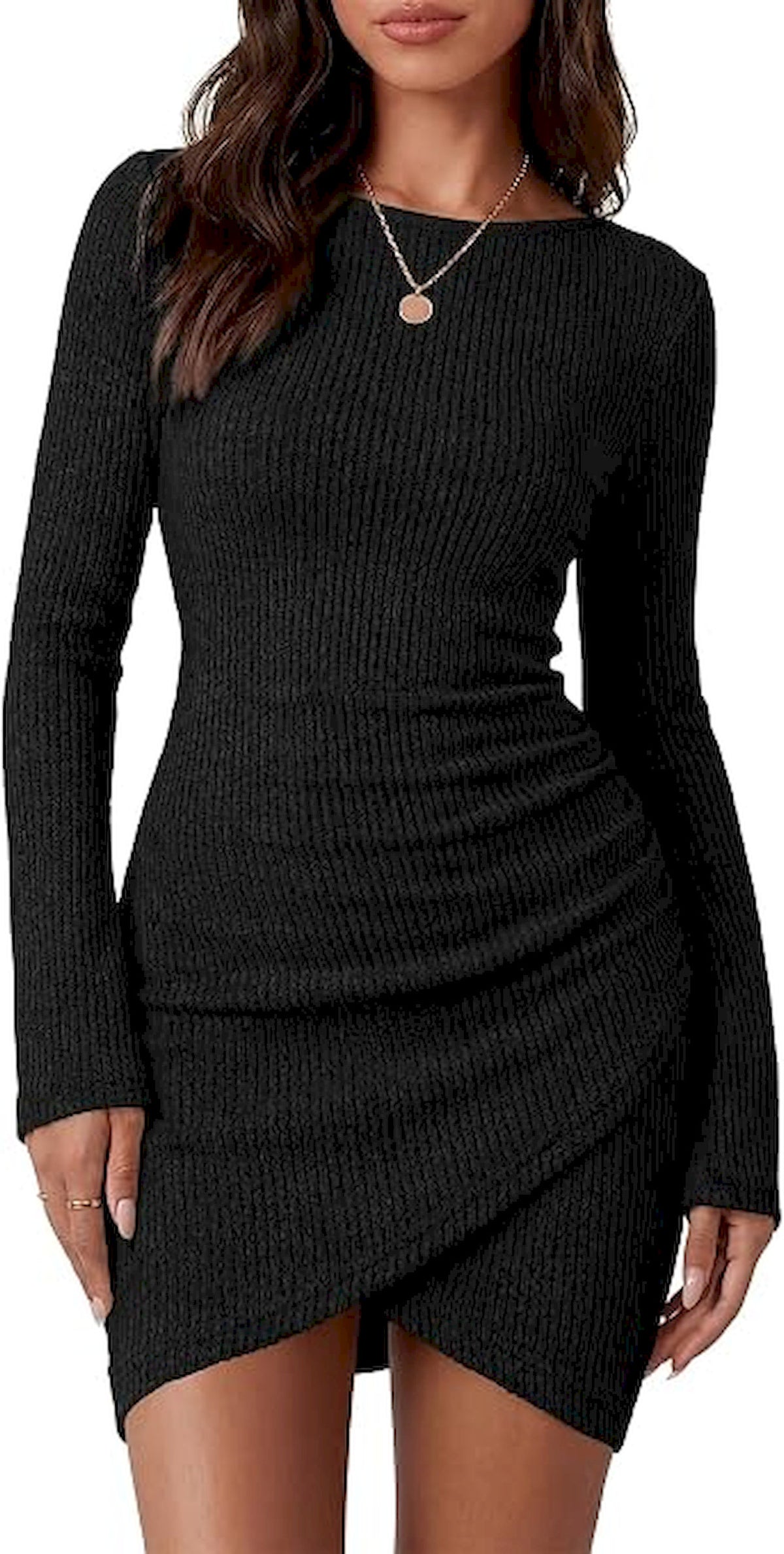 BTFBM Womens Long Sleeve Bodycon Mini Dress | Ruched,Ribbed,Crew Neck,Homecoming Cocktail Dresses,Fall Winter Clothing 2026