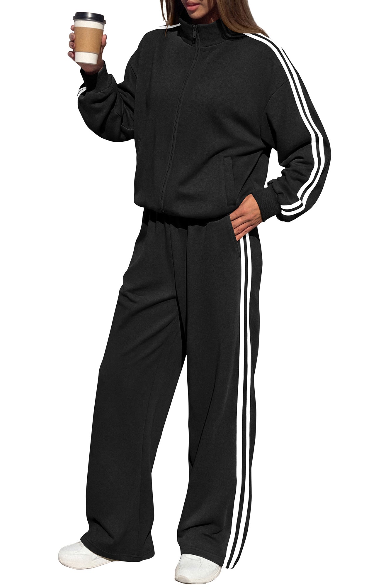 BTFBM Workout Sets For Women Long Sleeve Zip Up Sweatshirt Wide Pants Matching Lounge Set Fall 2 Piece Outfits Airport