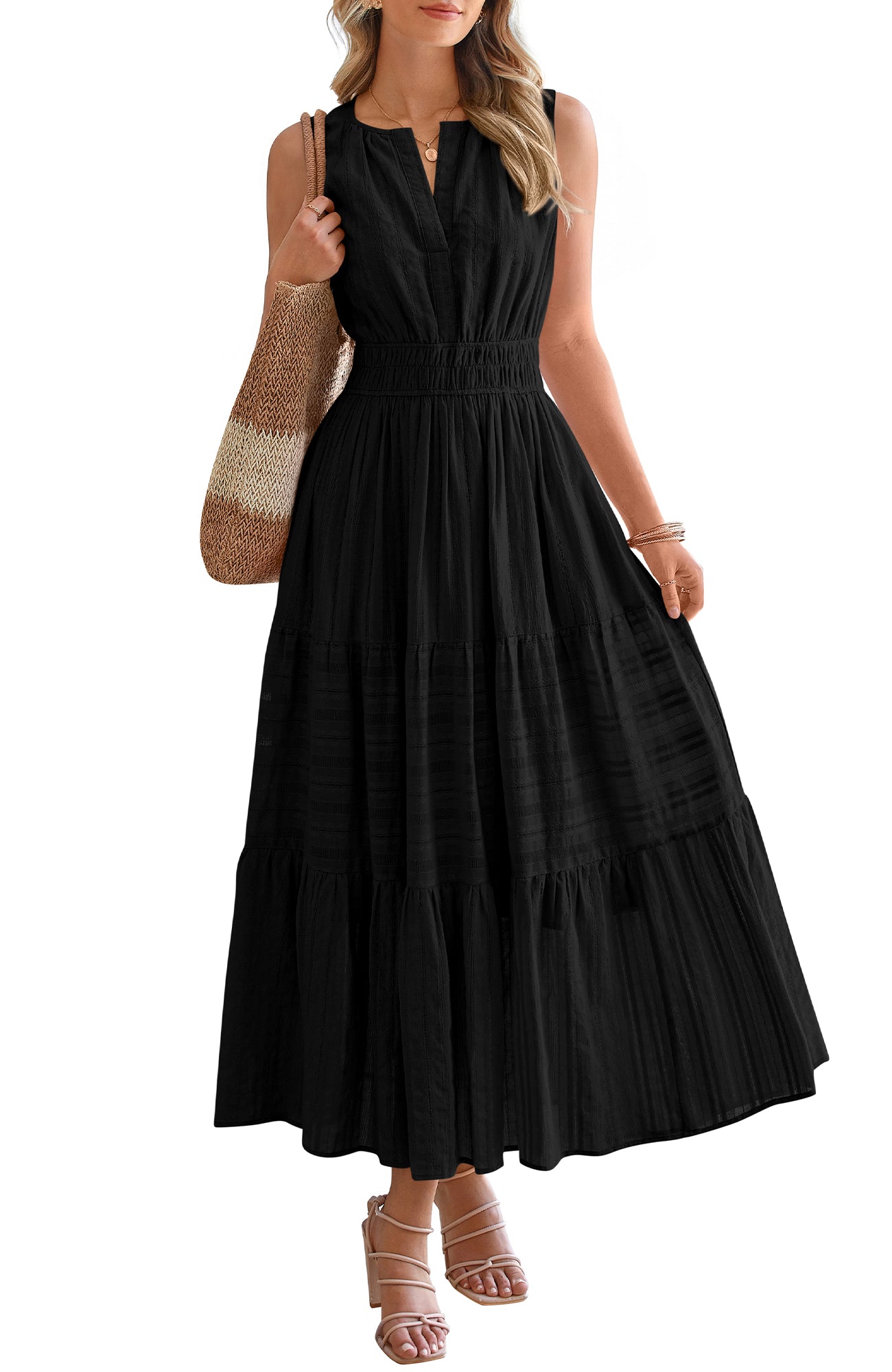BTFBM Summer Dresses for Women 2026 Sleeveless Boho V Neck A Line Flowy Spring Casual Maxi Dress Beach Vacation Pockets
