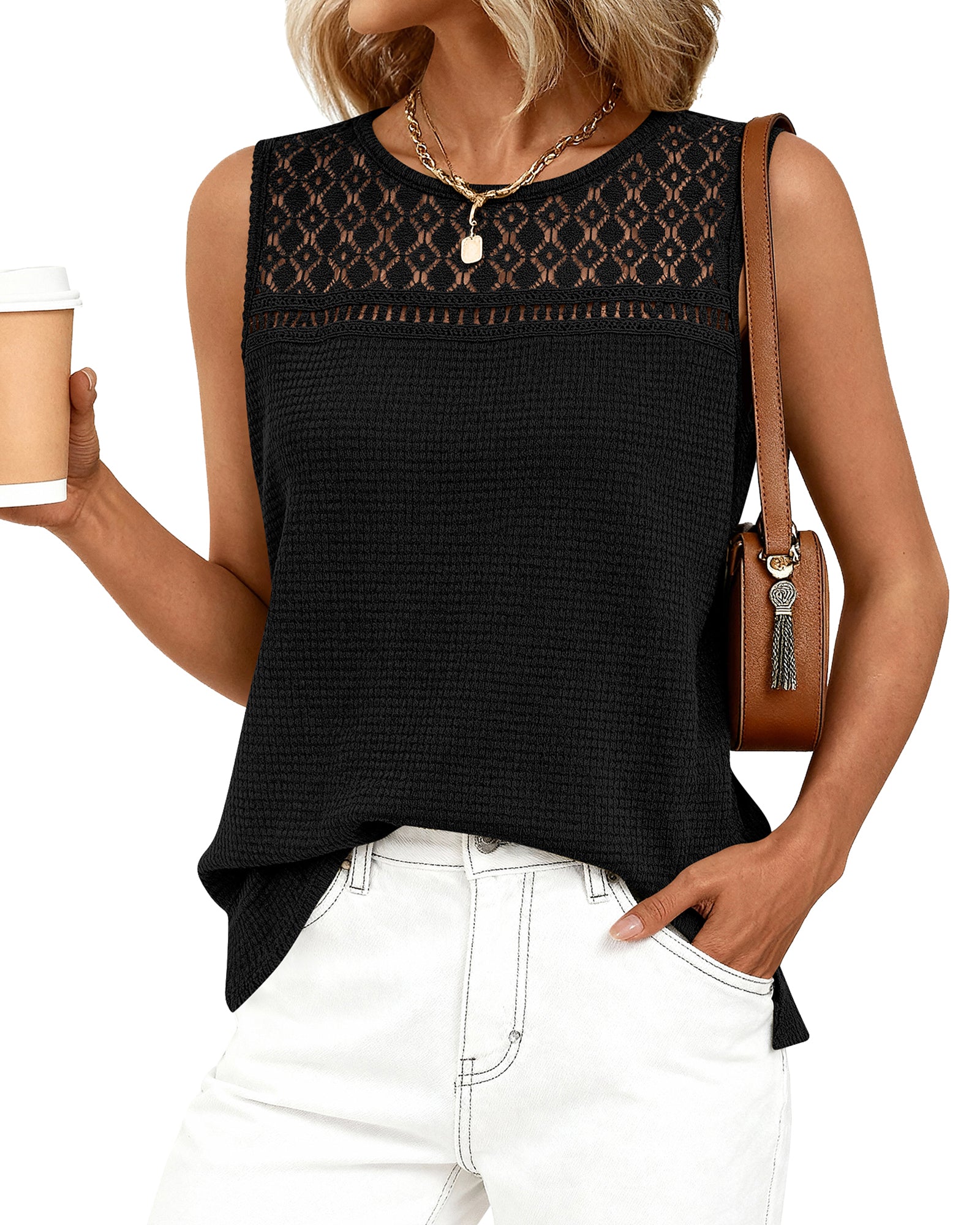 BTFBM Tank Top for Women 2026 Sleeveless Shirts Waffle Knit Vest Crew Neck Casual Outfits Loose Blouses Summer Tops