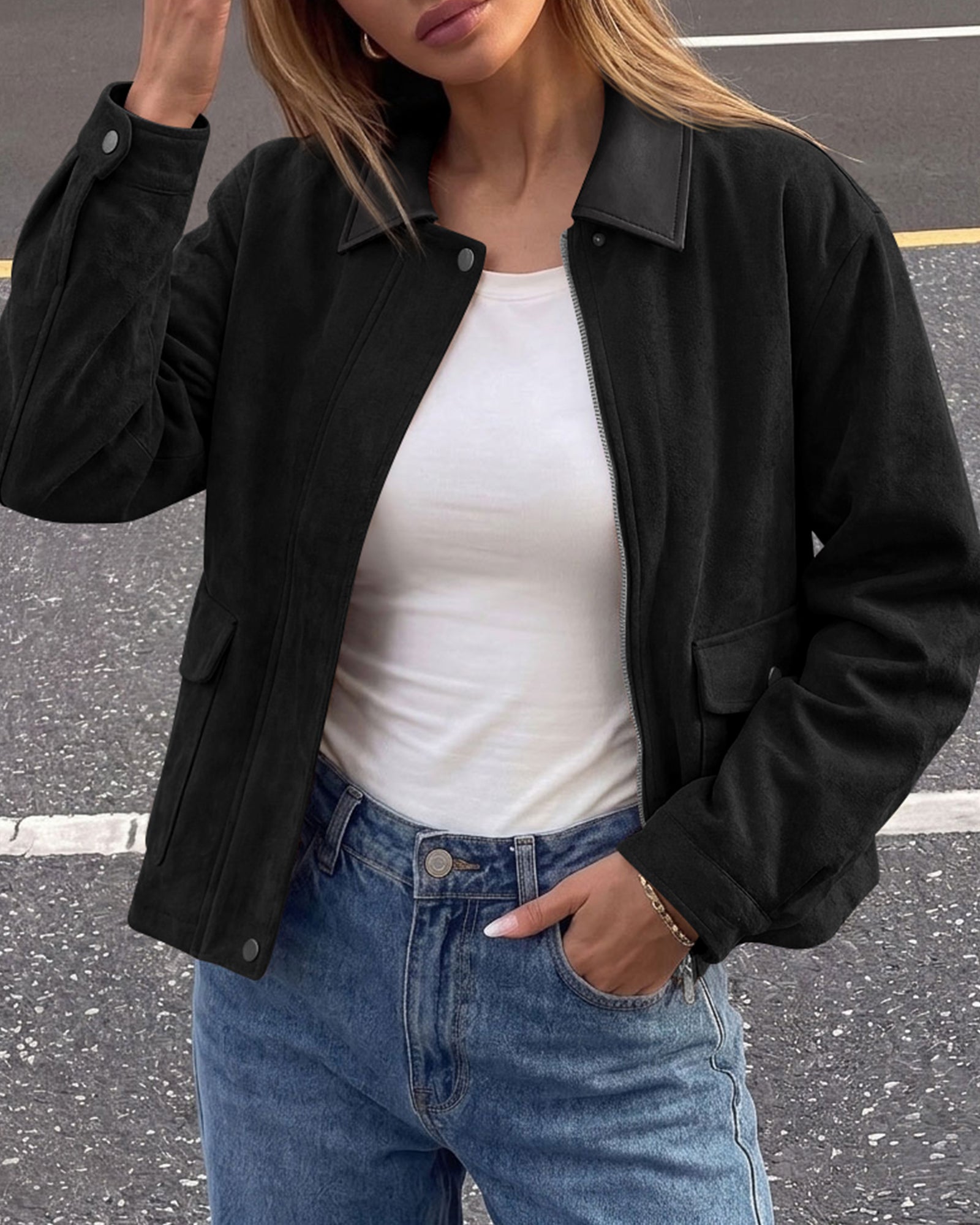 BTFBM Faux Suede Jacket Women Leather Lapel Zip Up Fall Outfits 2026
