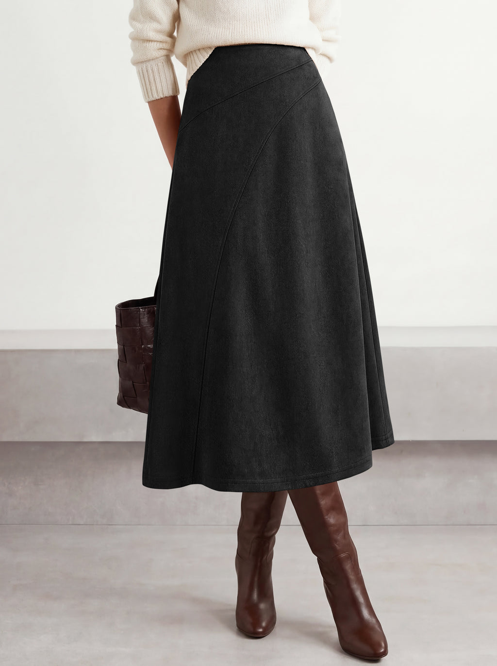 BTFBM Women Faux Suede Midi Long Skirt Fall Fashion 2026 | High Waisted Skirts For Women Trendy, Lightweight, Back Elastic, Arc Line Design, A-Line, Winter Dress, Boho Western Outfits