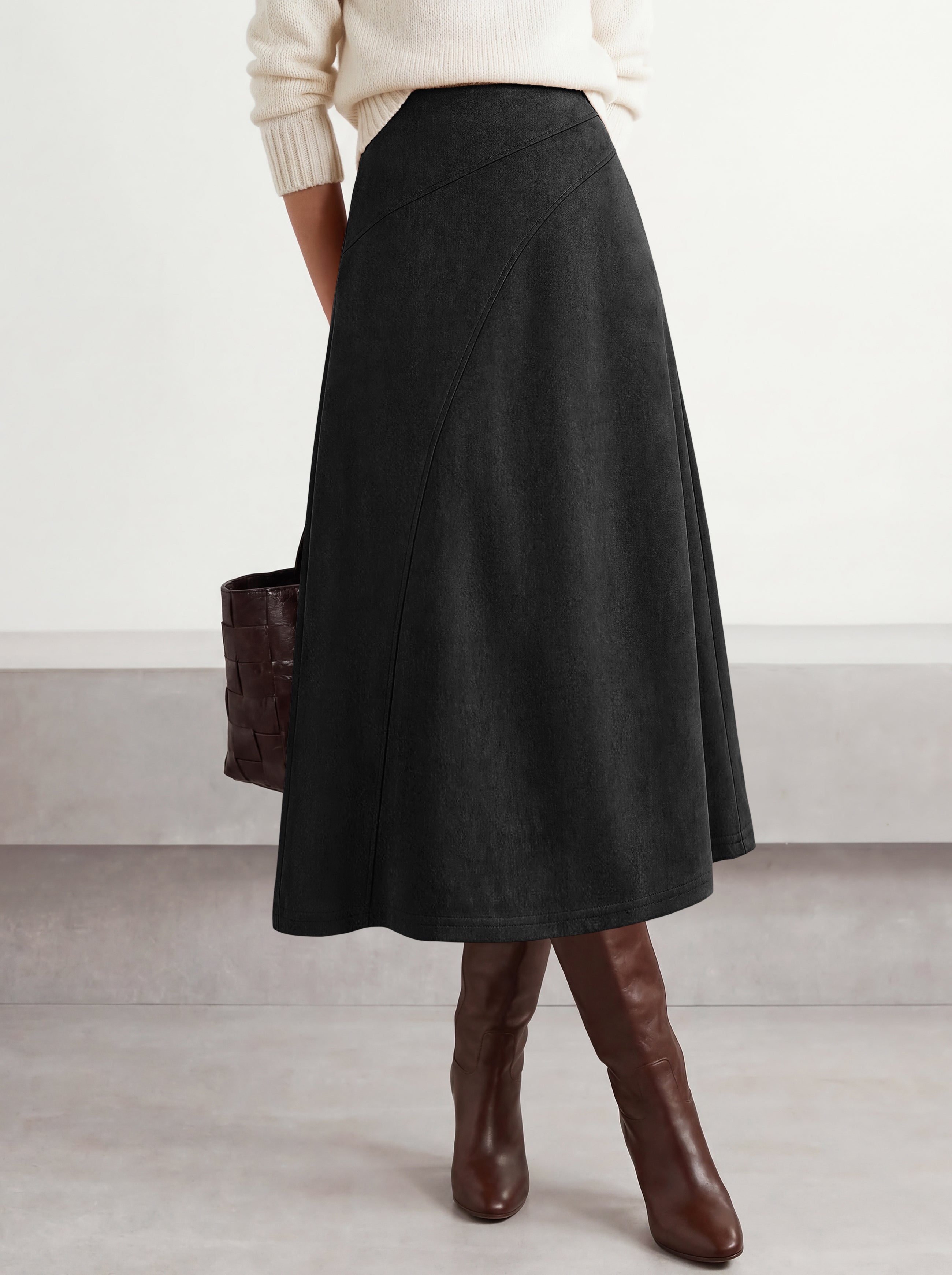 BTFBM Women Faux Suede Midi Long Skirt Fall Fashion 2026 | High Waisted Skirts For Women Trendy, Lightweight, Back Elastic, Arc Line Design, A-Line, Winter Dress, Boho Western Outfits