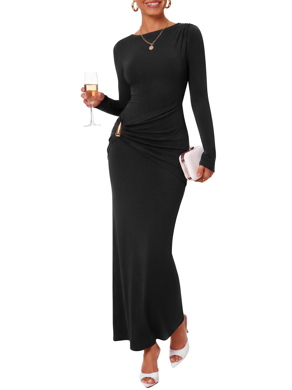 BTFBM Womens Long Sleeve Ruched Slit Maxi Wedding Guest Dress | Boat Neck, Bodycon, Semi Formal Dresses For Women Cocktail, Party, Homecoming, Date Night, Christmas, Holiday, Winter Outfits