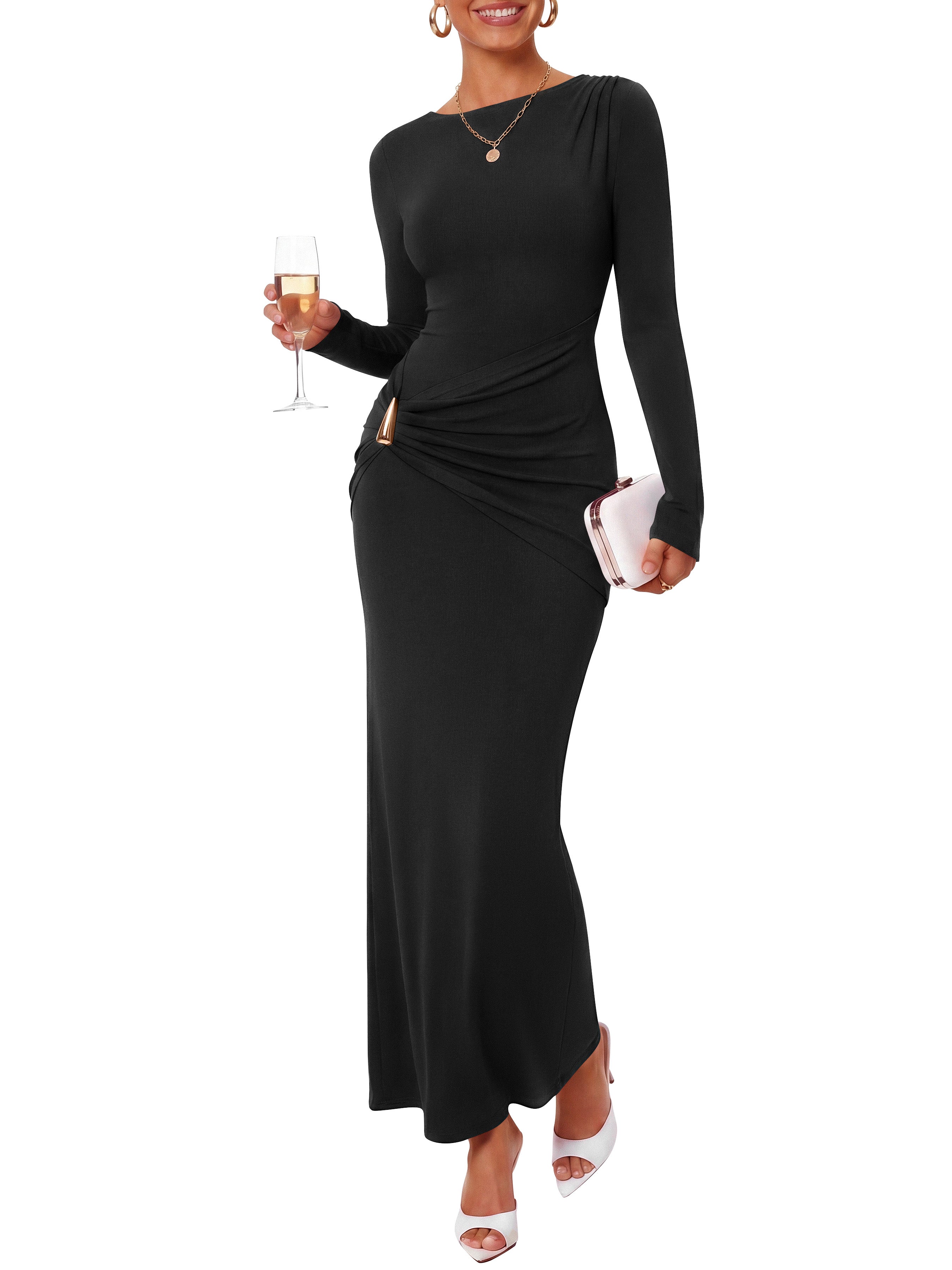 BTFBM Womens Long Sleeve Ruched Slit Maxi Wedding Guest Dress | Boat Neck, Bodycon, Semi Formal Dresses For Women Cocktail, Party, Homecoming, Date Night, Christmas, Holiday, Winter Outfits