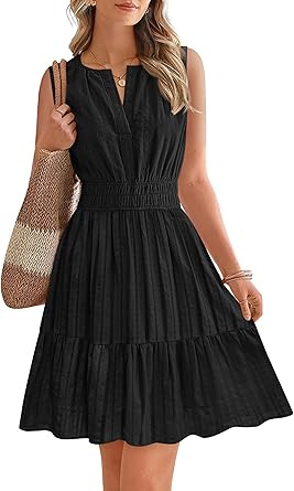 BTFBM Mini Dresses for Women 2026 Summer Sleeveless V Neck Elastic Waist Beach Vacation Sundress Boho Casual Dress Pockets