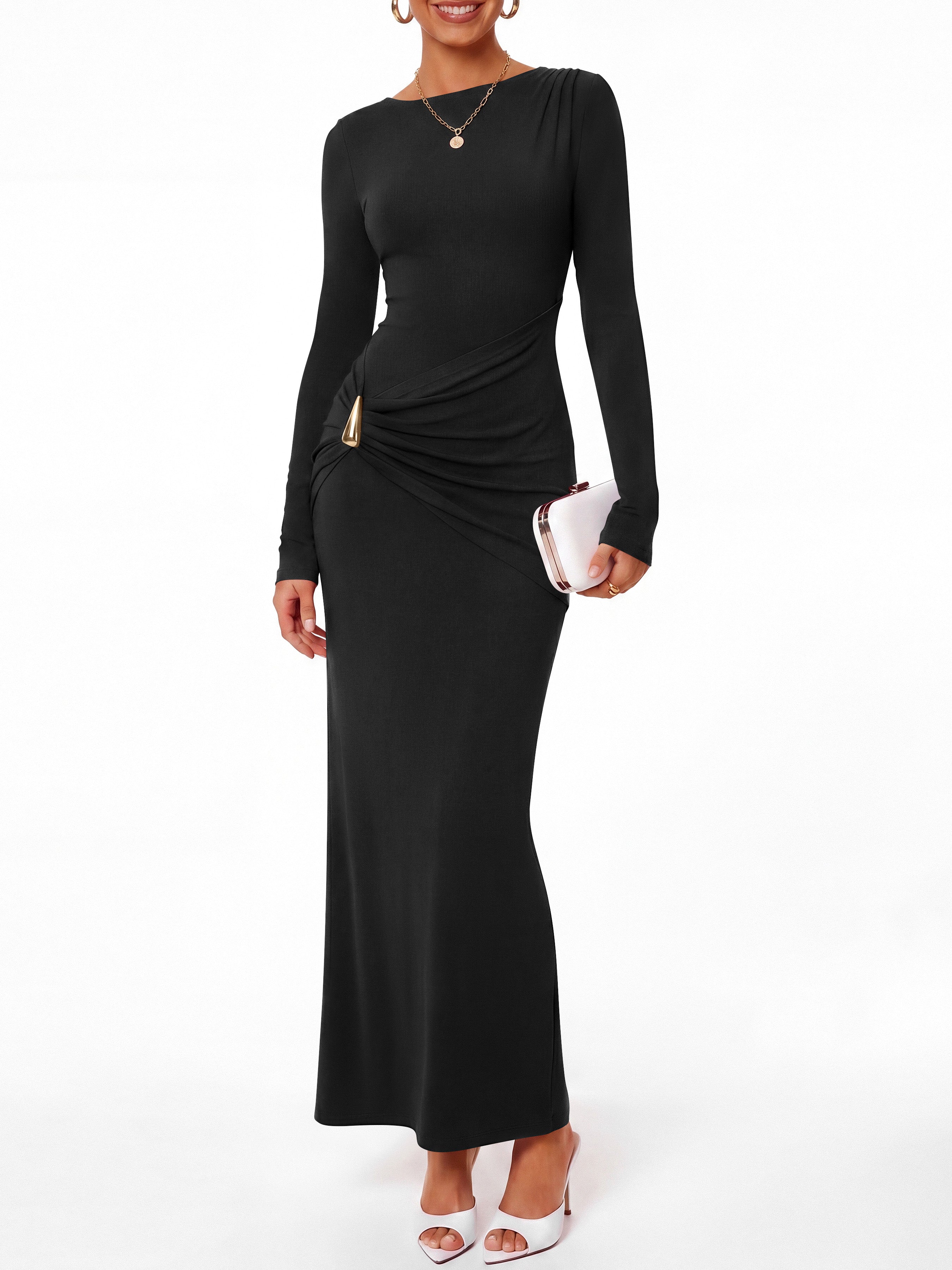 BTFBM Womens Long Sleeve Ruched Slit Maxi Wedding Guest Dress | Boat Neck, Bodycon, Semi Formal Dresses For Women Cocktail, Party, Homecoming, Date Night, Christmas, Holiday, Winter Outfits