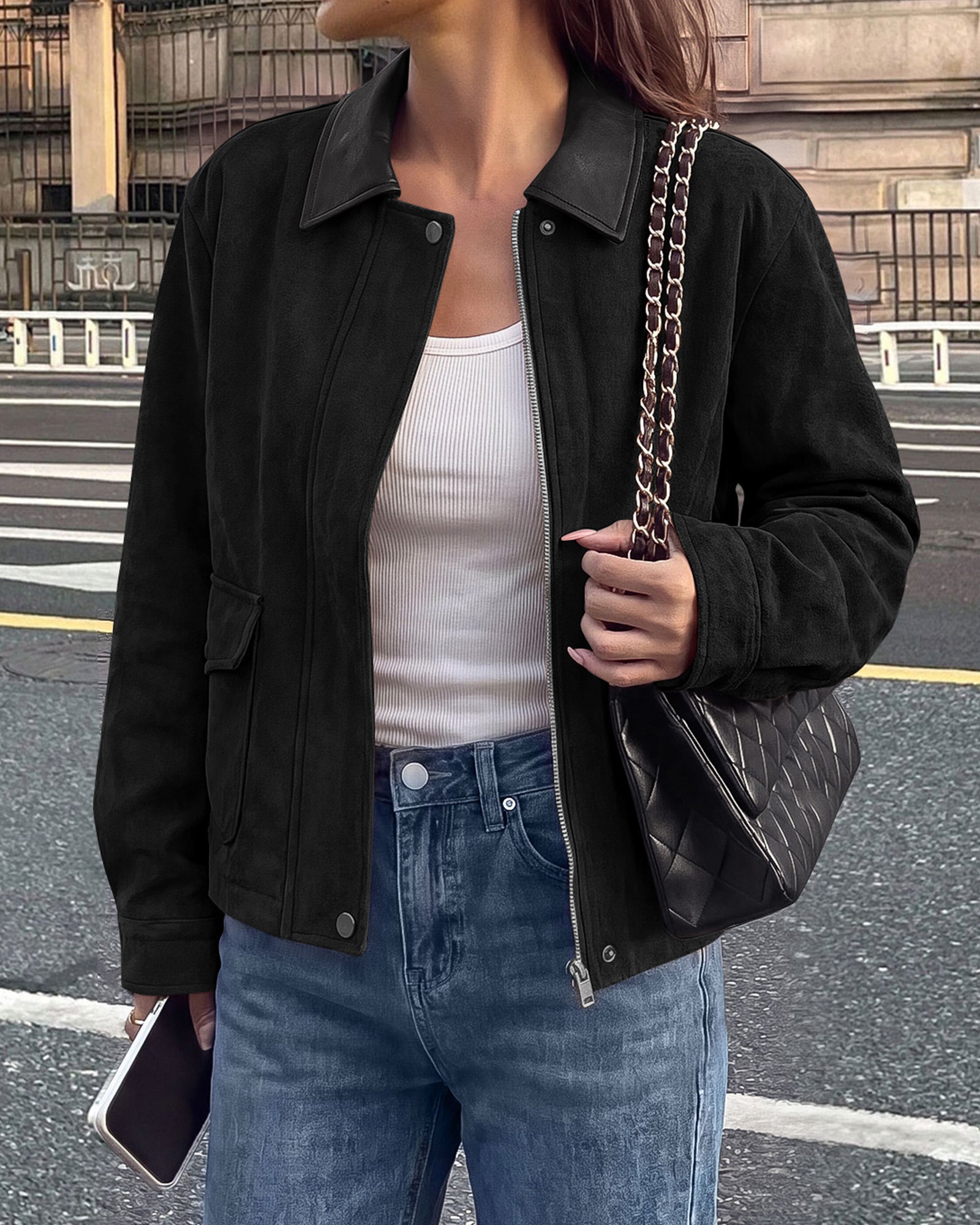 BTFBM Faux Suede Jacket Women Leather Lapel Zip Up Fall Outfits 2026