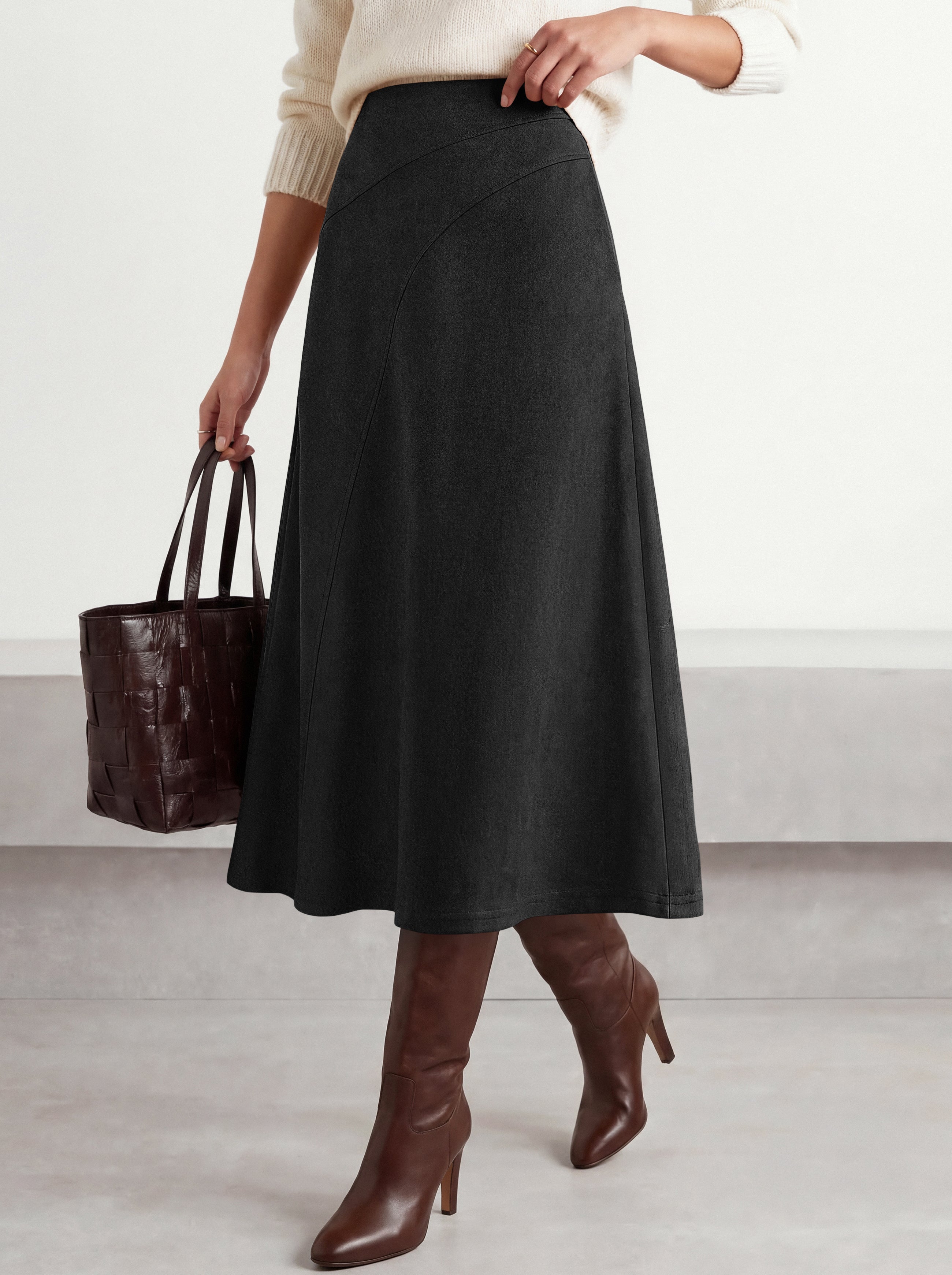 BTFBM Women Faux Suede Midi Long Skirt Fall Fashion 2026 | High Waisted Skirts For Women Trendy, Lightweight, Back Elastic, Arc Line Design, A-Line, Winter Dress, Boho Western Outfits