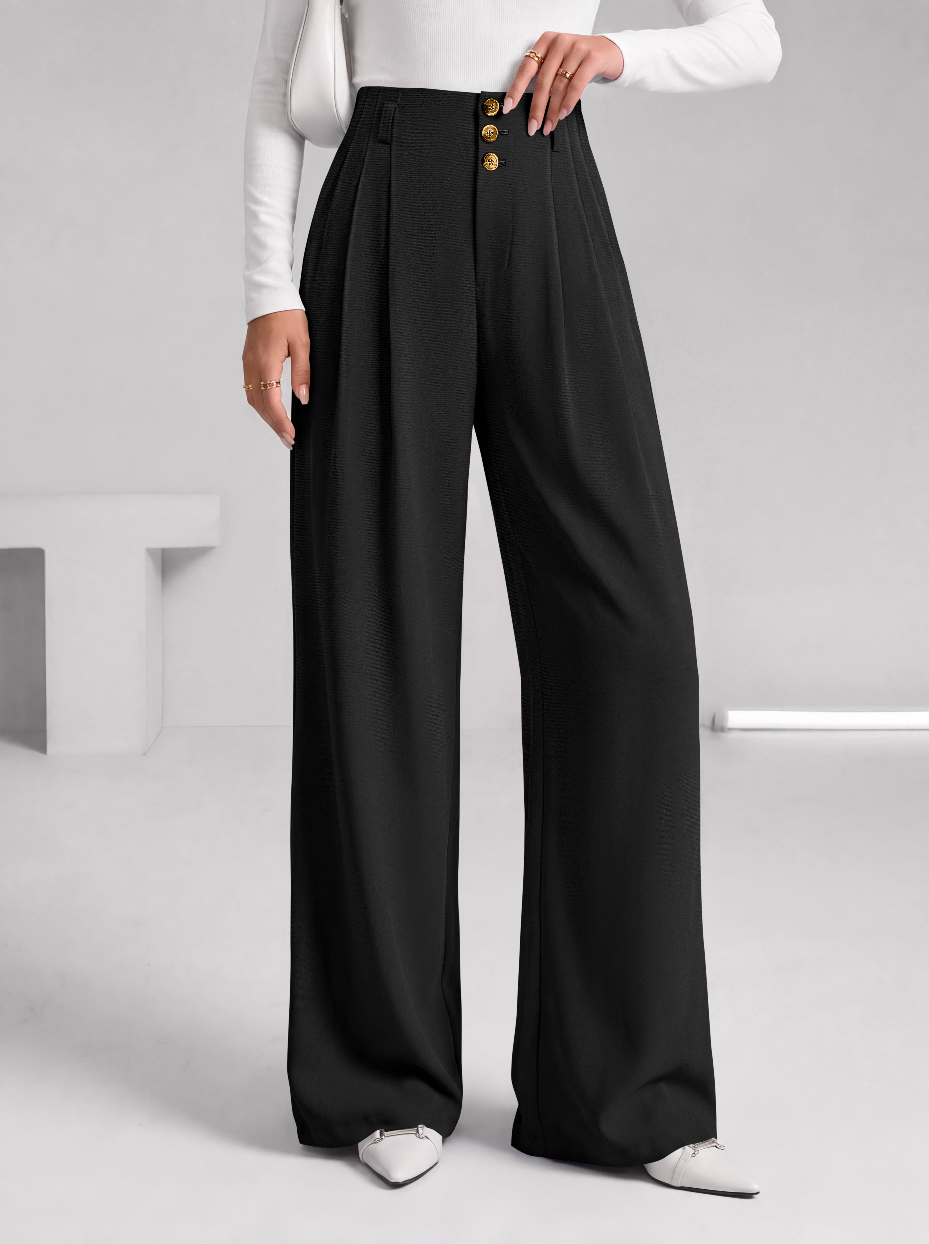 BTFBM Wide Leg Dress Pants Women Business Casual Outfits | Elastic High Waisted Palazzo Pants, Button Zip Up Closure, Pleated Office Work Trousers With Pockets, Fall Fashion 2026