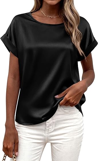 BTFBM Womens Summer Tops 2026 Satin Silk Crewneck Short Sleeve Shirts Work Business Outfits Spring Blouses Dressy Casual