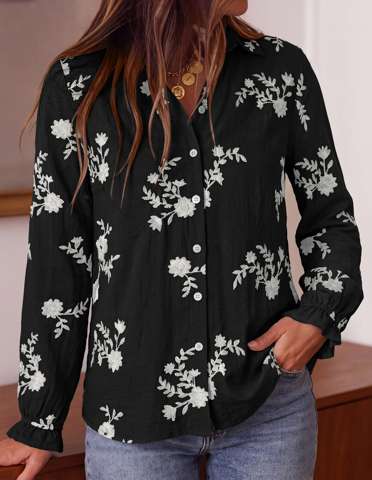 BTFBM Boho Floral Embroidered Long Sleeve Blouses for Women Dressy Casual