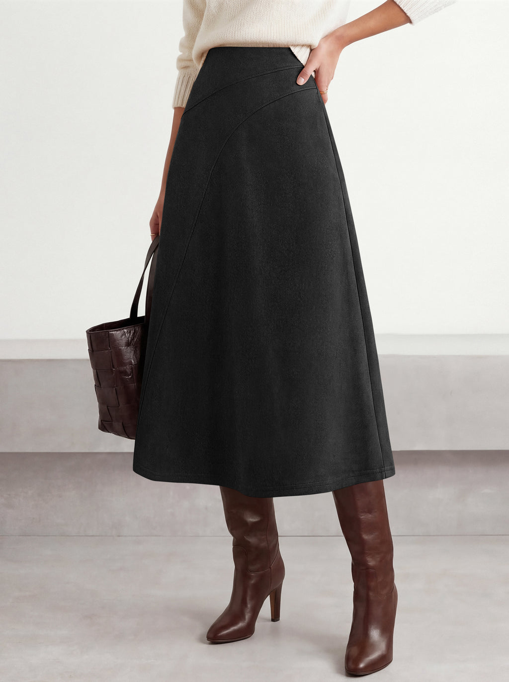 BTFBM Women Faux Suede Midi Long Skirt Fall Fashion 2026 | High Waisted Skirts For Women Trendy, Lightweight, Back Elastic, Arc Line Design, A-Line, Winter Dress, Boho Western Outfits