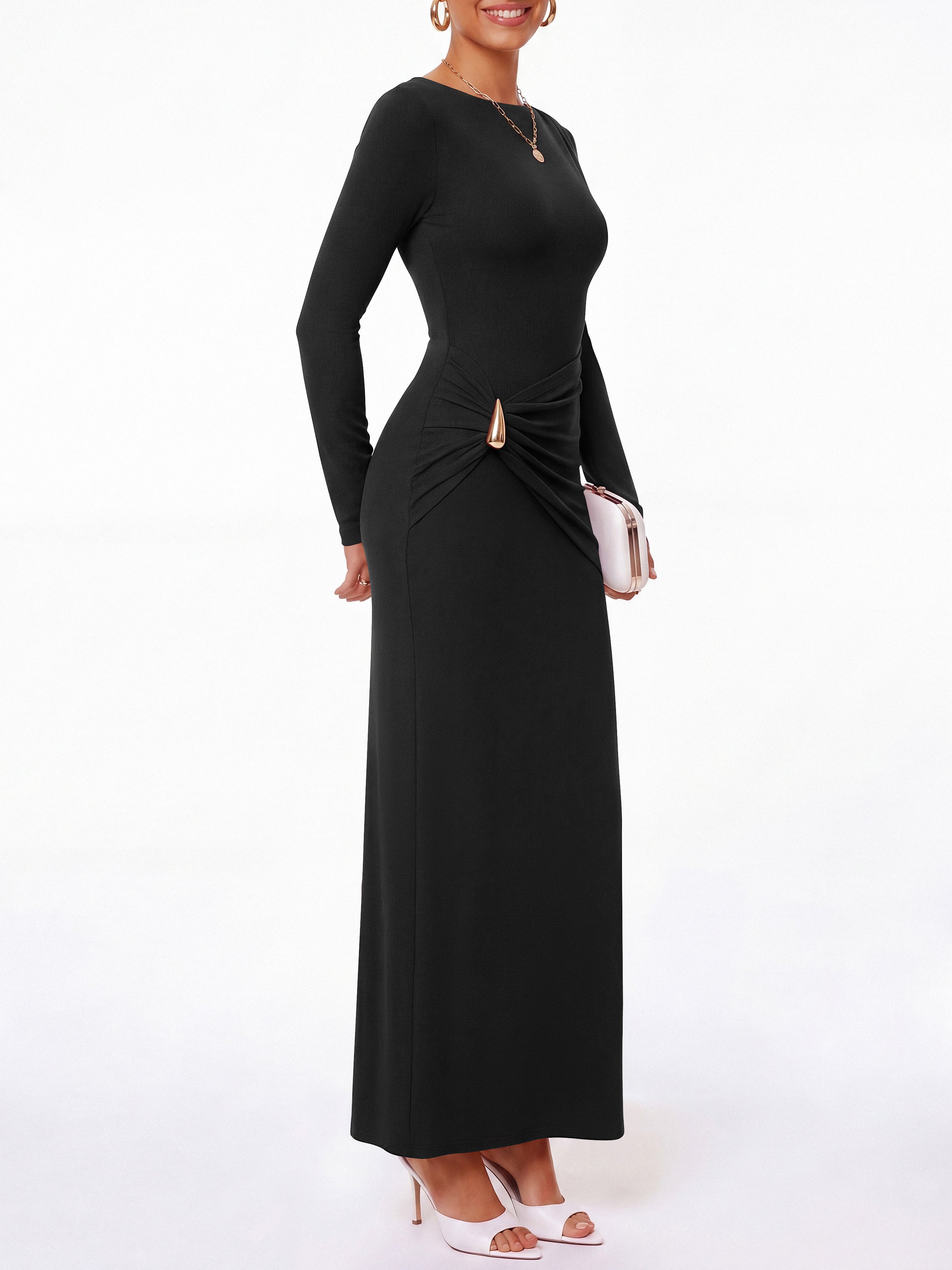 BTFBM Womens Long Sleeve Ruched Slit Maxi Wedding Guest Dress | Boat Neck, Bodycon, Semi Formal Dresses For Women Cocktail, Party, Homecoming, Date Night, Christmas, Holiday, Winter Outfits