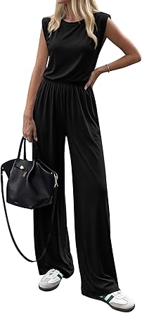 BTFBM 2 Piece Sets for Women Spring 2026 Casual Shoulder Pad Tank Top Wide Leg Pants Matching Set Travel Airport Outfits