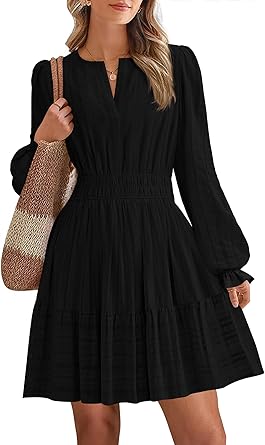 BTFBM Mini Dresses for Women 2025 Casual Lightweight Long Sleeve V Neck A Line Elastic Waist Party Holiday Dress