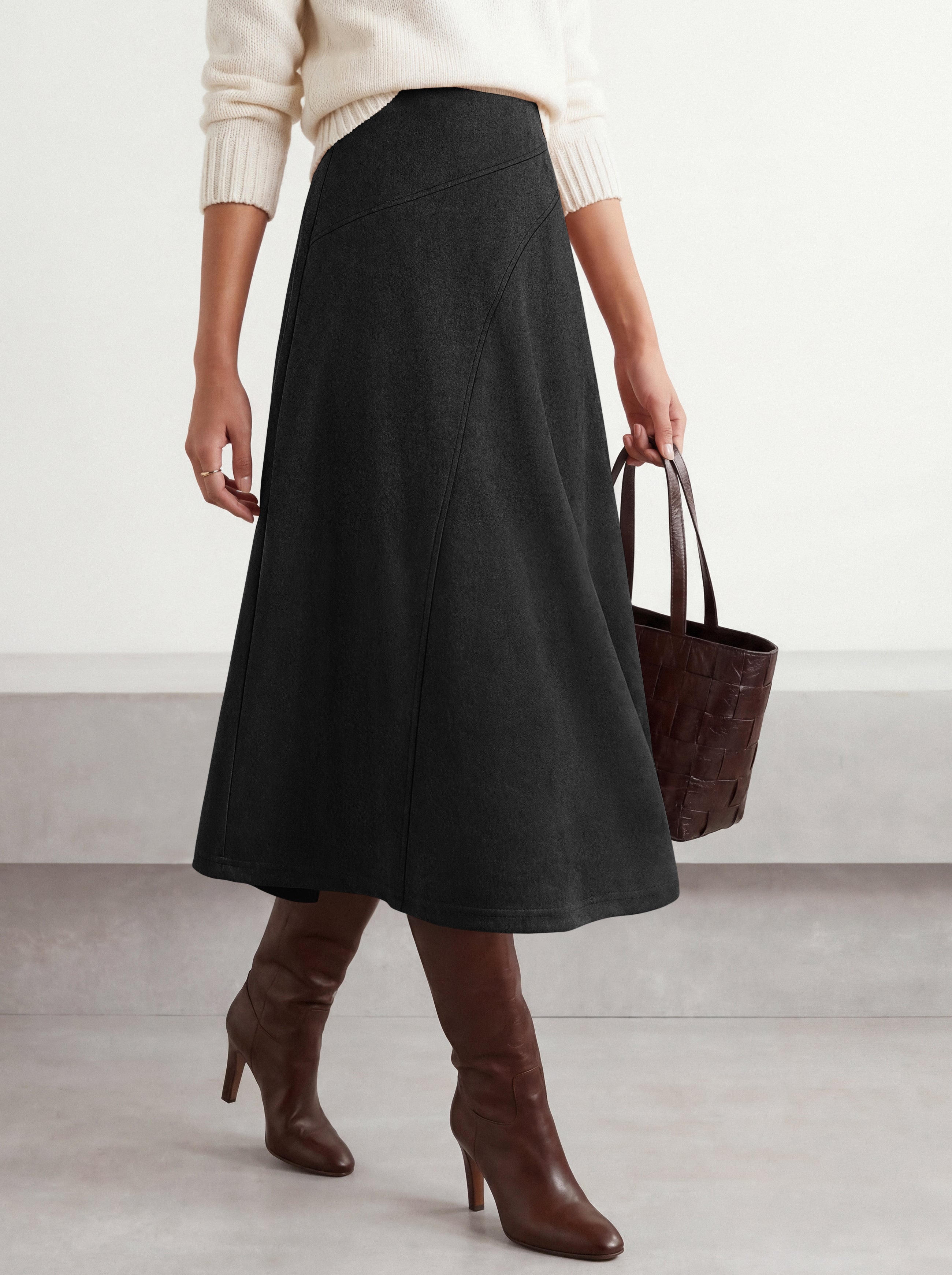 BTFBM Women Faux Suede Midi Long Skirt Fall Fashion 2026 | High Waisted Skirts For Women Trendy, Lightweight, Back Elastic, Arc Line Design, A-Line, Winter Dress, Boho Western Outfits